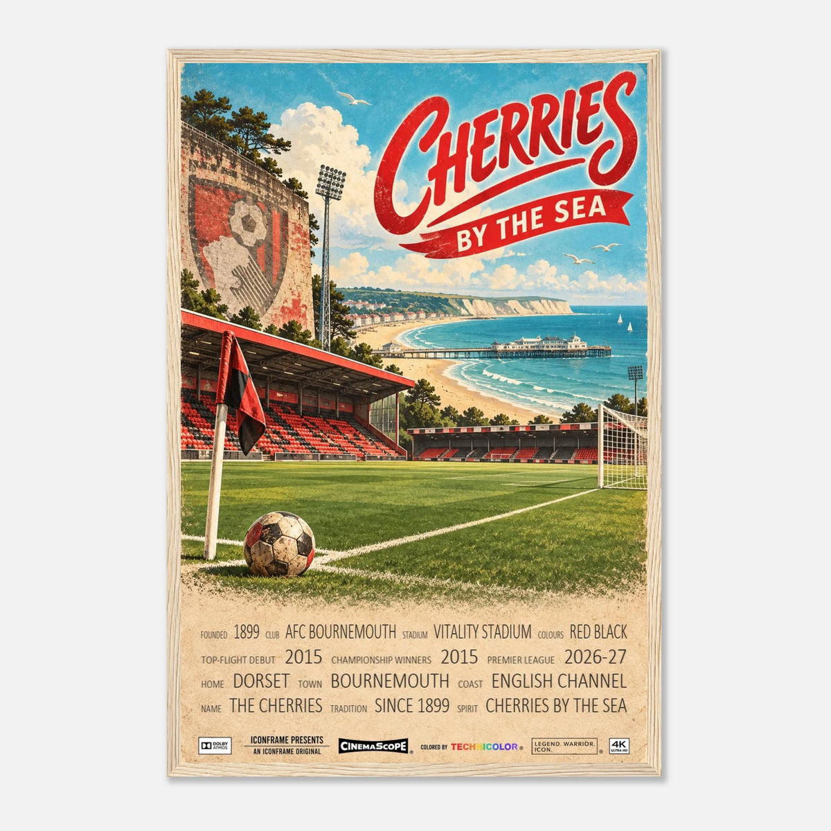 AFC Bournemouth Poster „Cherries by the Sea“ – 40 × 60 cm, mit naturfarbenem Holzrahmen vor hellem Hintergrund