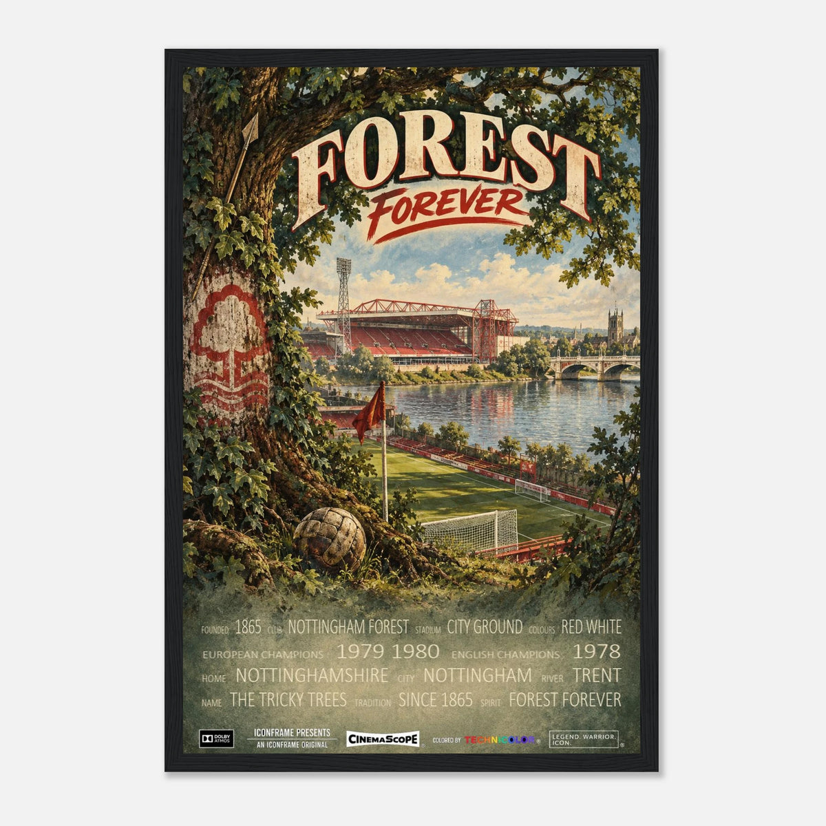 Nottingham Forest Poster „Forest Forever“ – 30 × 45 cm, mit schwarzem Holzrahmen vor hellem Hintergrund