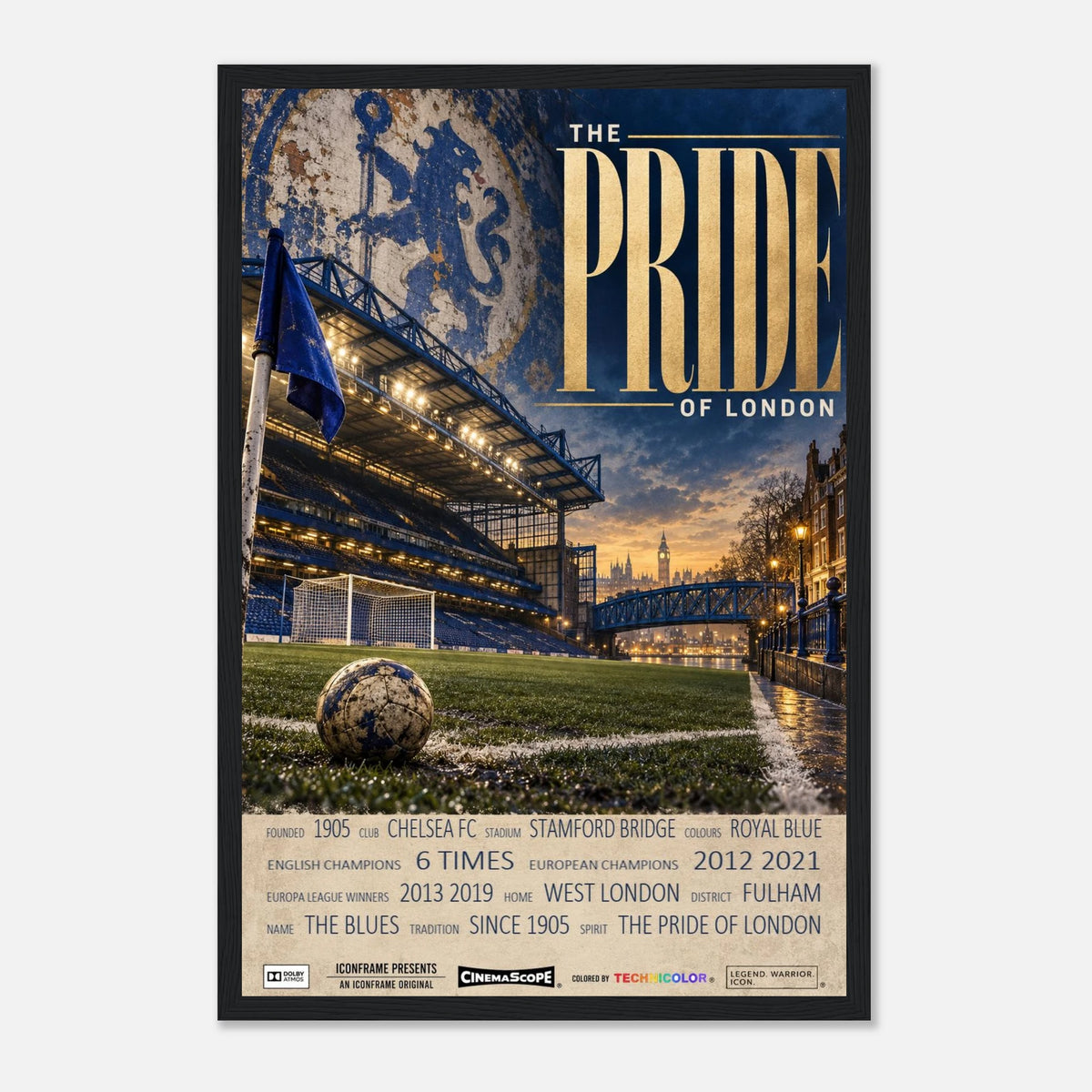 Chelsea Poster „The Pride of London“ – 30 × 45 cm, mit schwarzem Holzrahmen vor hellem Hintergrund
