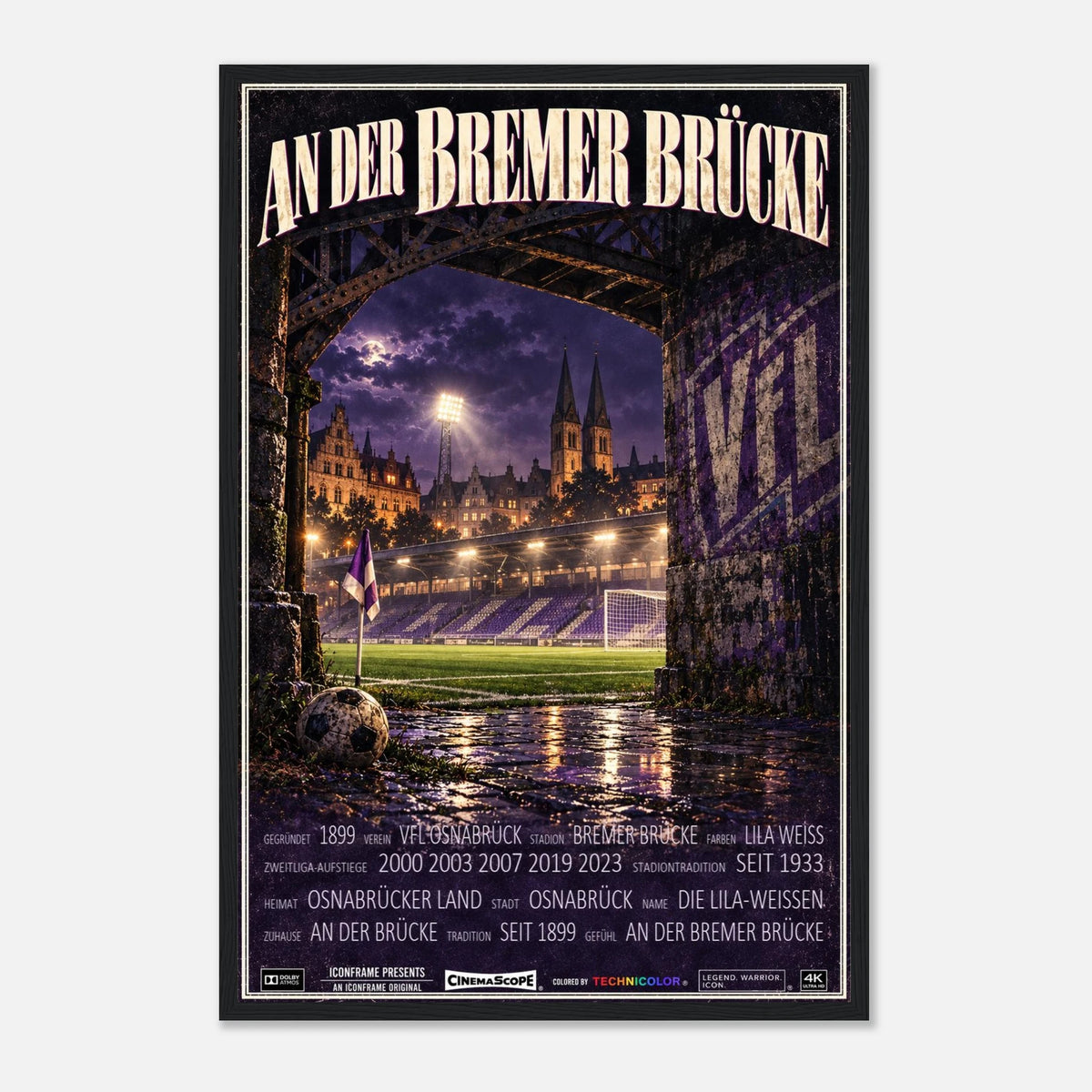 VfL Osnabrück Poster „An der Bremer Brücke“ – 40 × 60 cm, mit schwarzem Holzrahmen vor hellem Hintergrund