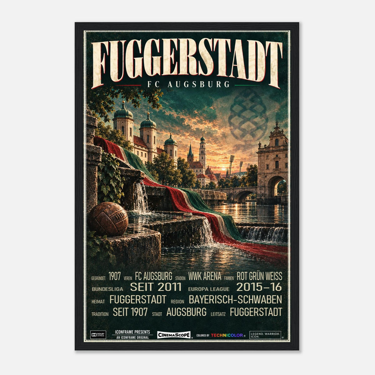FC Augsburg Poster „Fuggerstadt“ – 30 × 45 cm, mit schwarzem Holzrahmen vor hellem Hintergrund