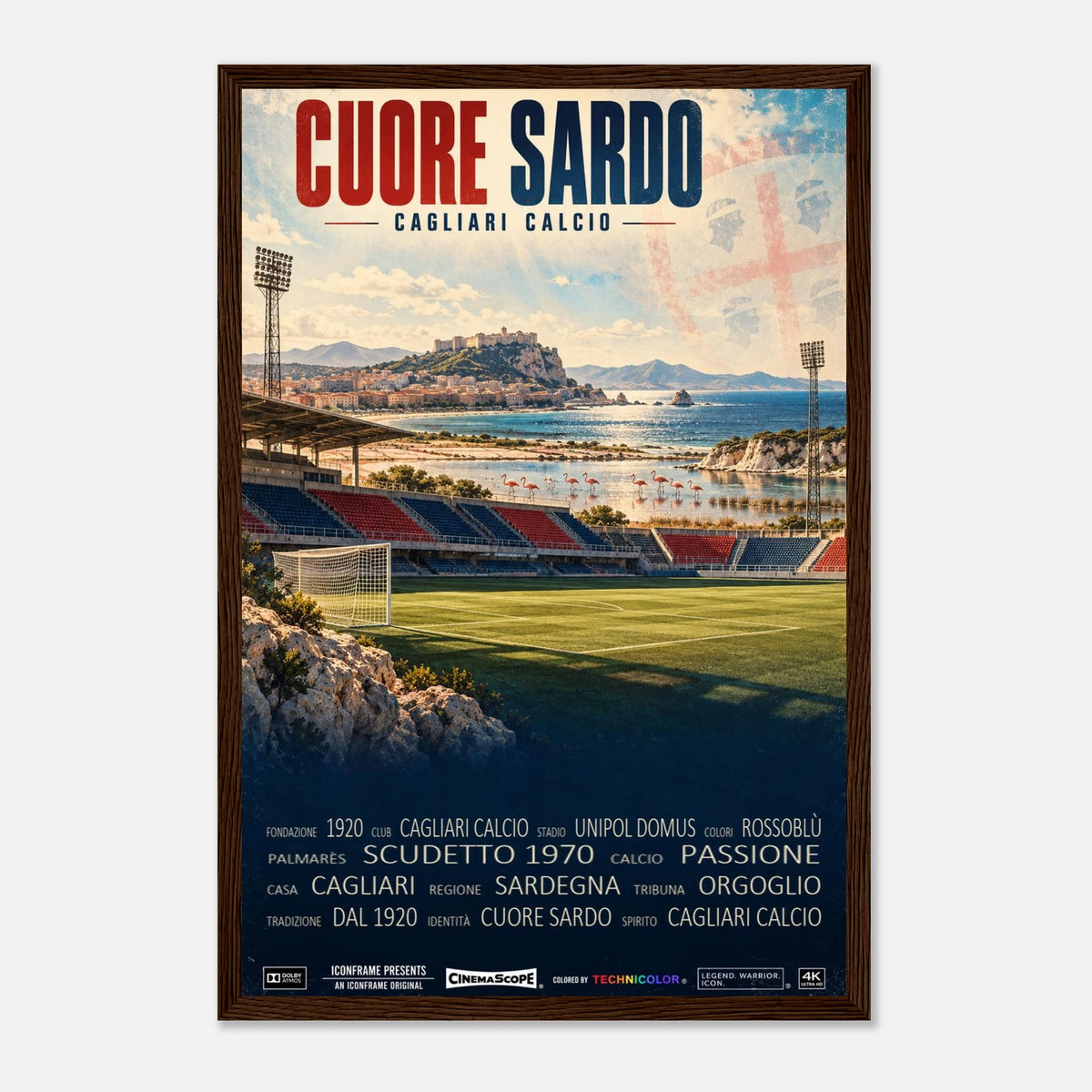 Cagliari Calcio Poster „Cuore Sardo“ – 30 × 45 cm, mit dunkelbraunem Holzrahmen vor hellem Hintergrund