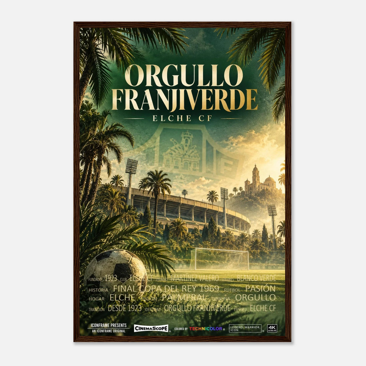 FC Elche Poster „Orgullo Franjiverde“ – 40 × 60 cm, mit dunkelbraunem Holzrahmen vor hellem Hintergrund