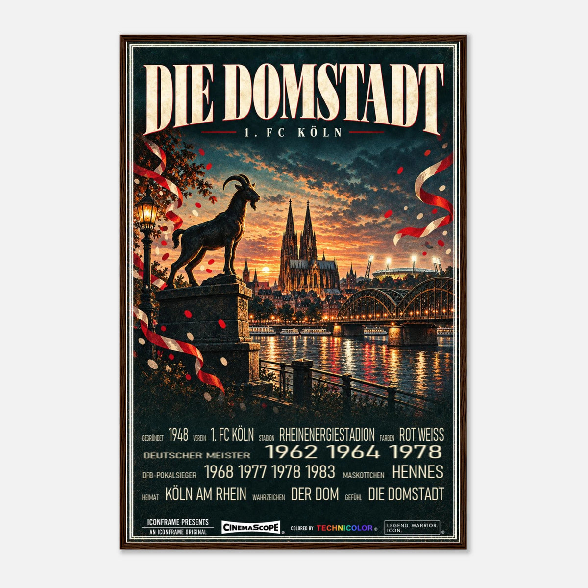1. FC Köln Poster „Die Domstadt“ – 60 × 90 cm, mit dunkelbraunem Holzrahmen vor hellem Hintergrund
