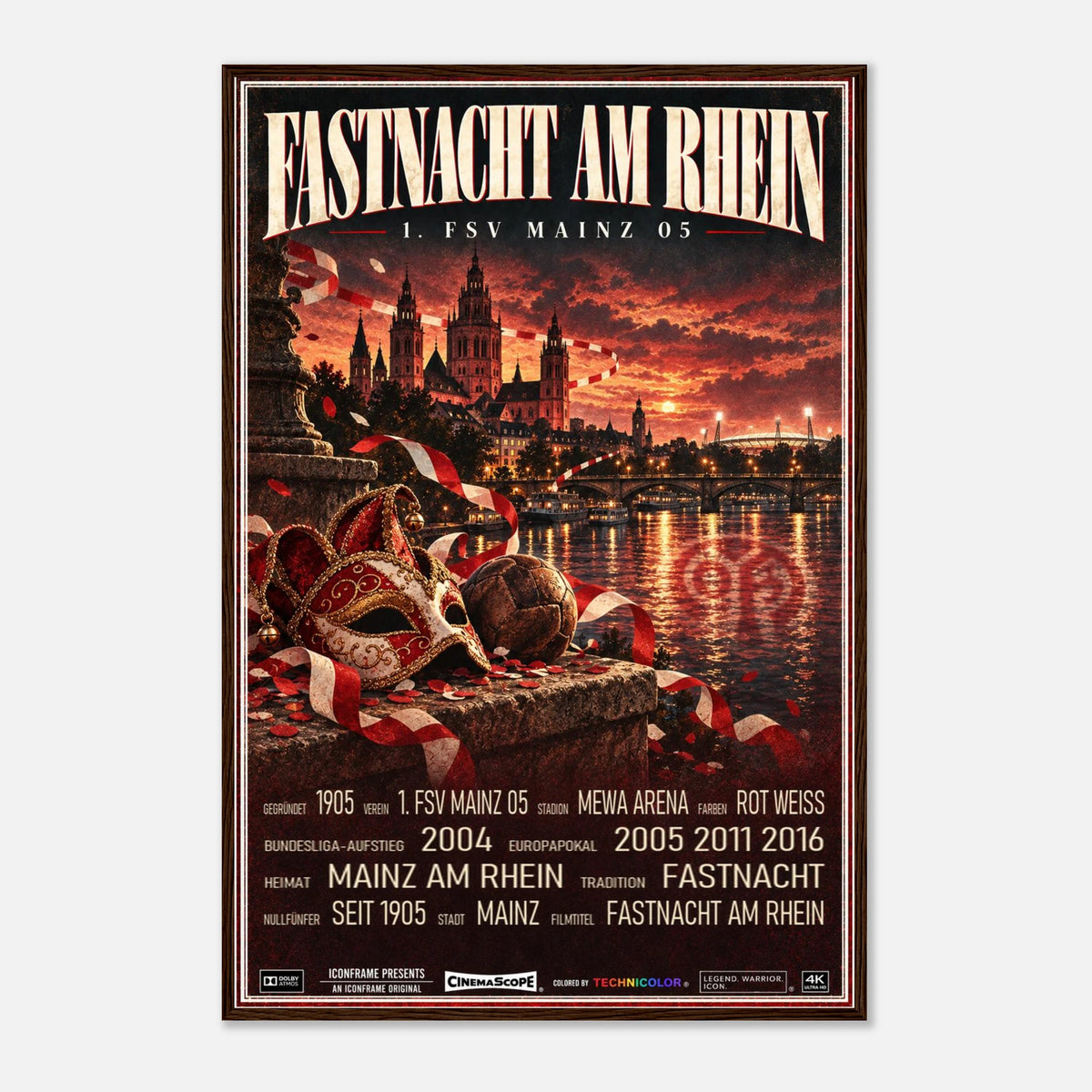 Mainz 05 Poster „Fastnacht am Rhein“ – 60 × 90 cm, mit dunkelbraunem Holzrahmen vor hellem Hintergrund