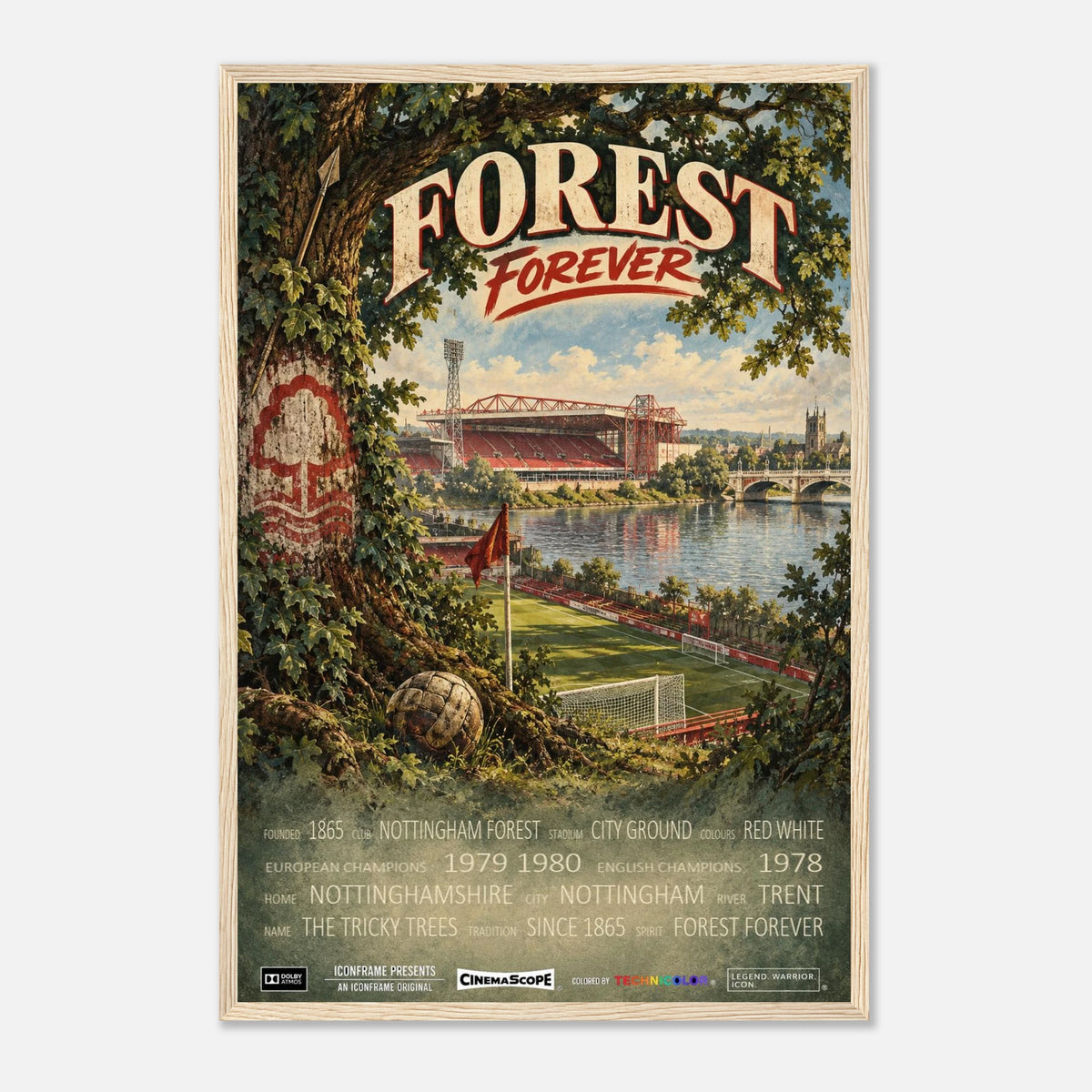Nottingham Forest Poster „Forest Forever“ – 40 × 60 cm, mit naturfarbenem Holzrahmen vor hellem Hintergrund