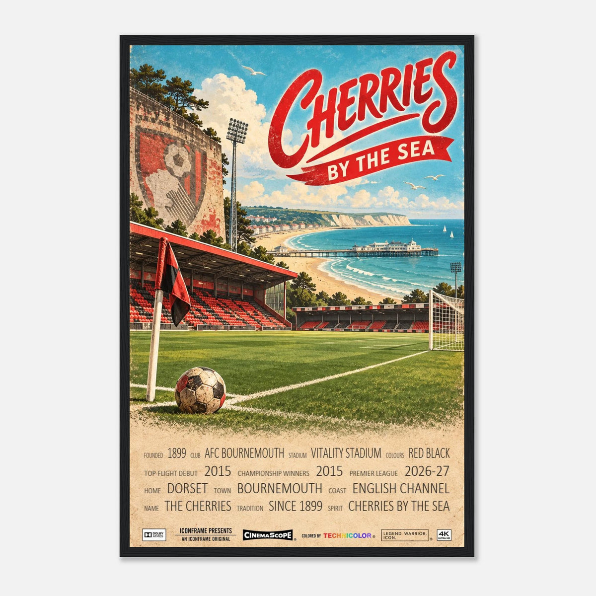 AFC Bournemouth Poster „Cherries by the Sea“ – 40 × 60 cm, mit schwarzem Holzrahmen vor hellem Hintergrund