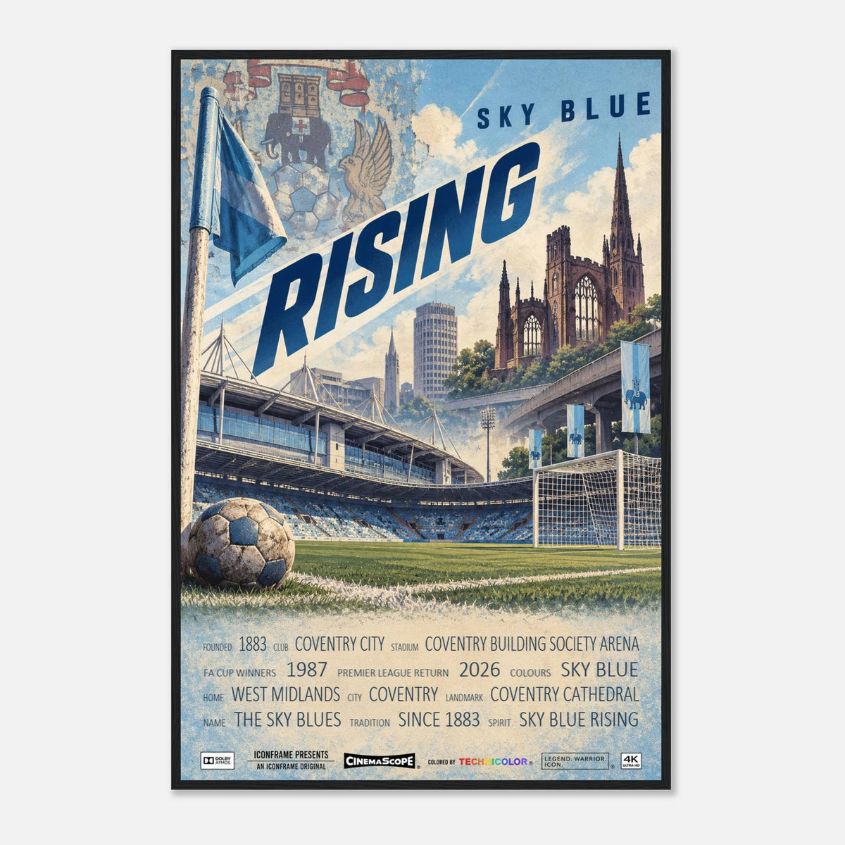 Coventry City Poster „Sky Blue Rising“ – 60 × 90 cm, mit schwarzem Holzrahmen vor hellem Hintergrund