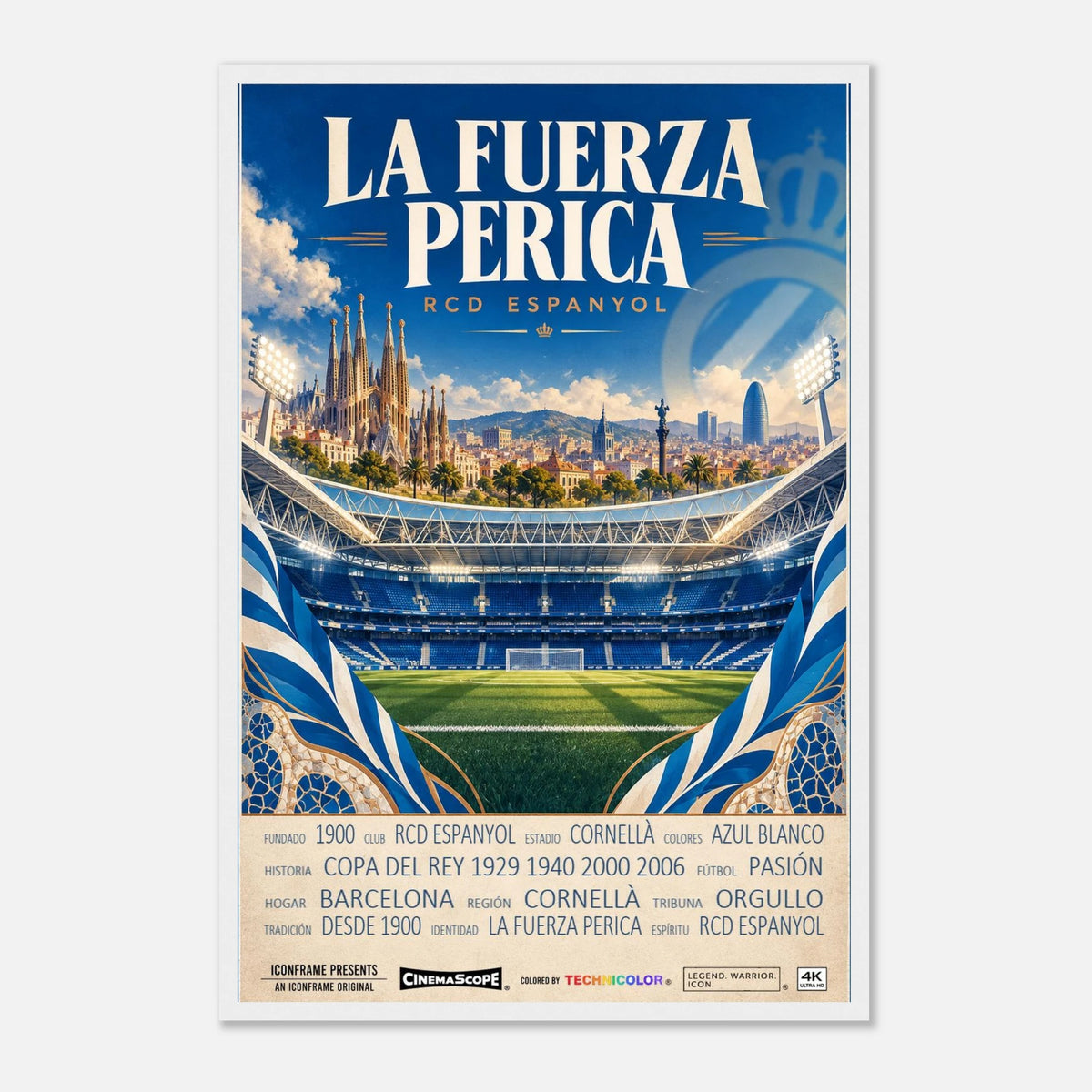 Espanyol Barcelona Poster „La Fuerza Perica“ – 40 × 60 cm, mit weißem Holzrahmen vor hellem Hintergrund