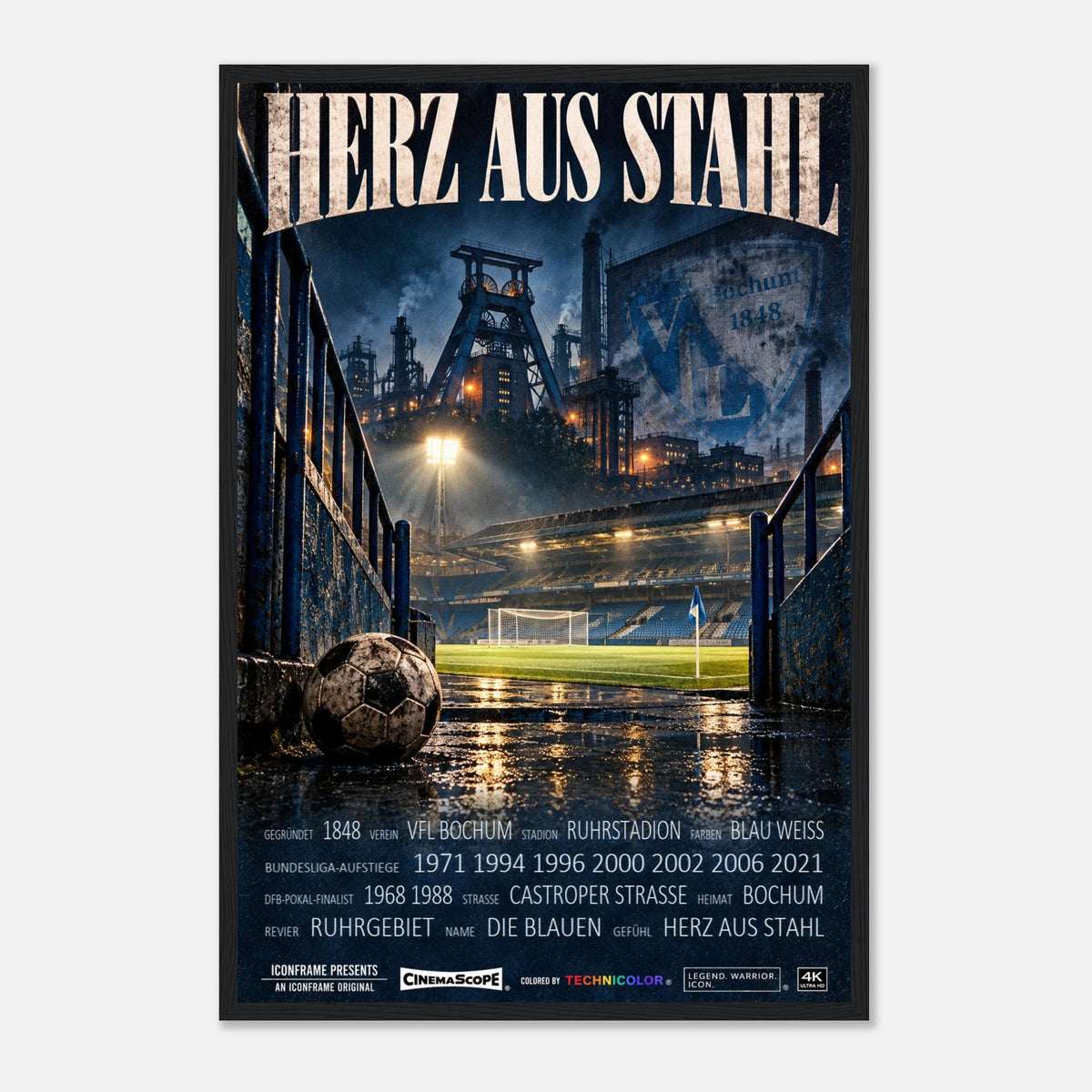 VfL Bochum Poster „Herz aus Stahl“ – 40 × 60 cm, mit schwarzem Holzrahmen vor hellem Hintergrund