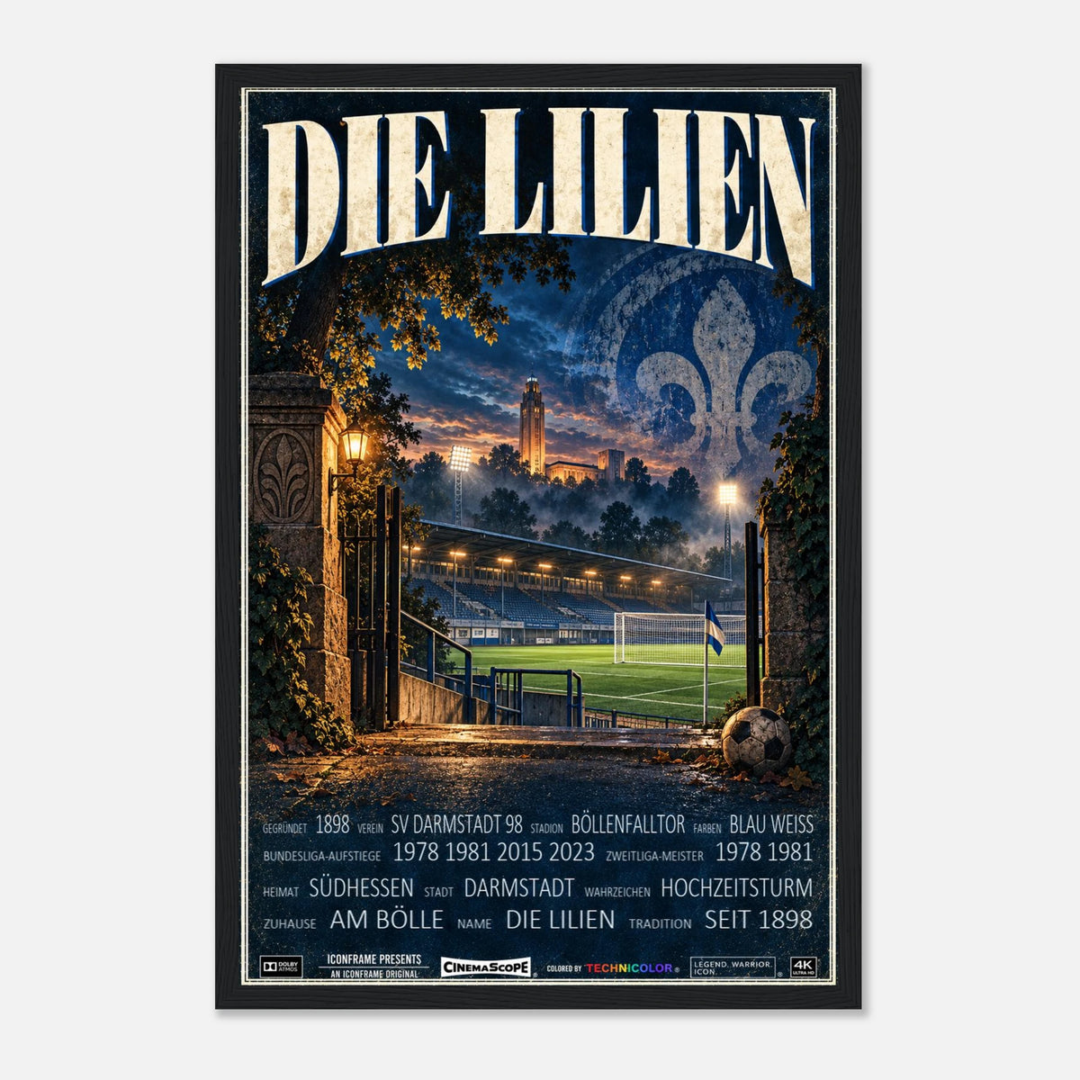 Darmstadt 98 Poster „Die Lilien“ – 30 × 45 cm, mit schwarzem Holzrahmen vor hellem Hintergrund