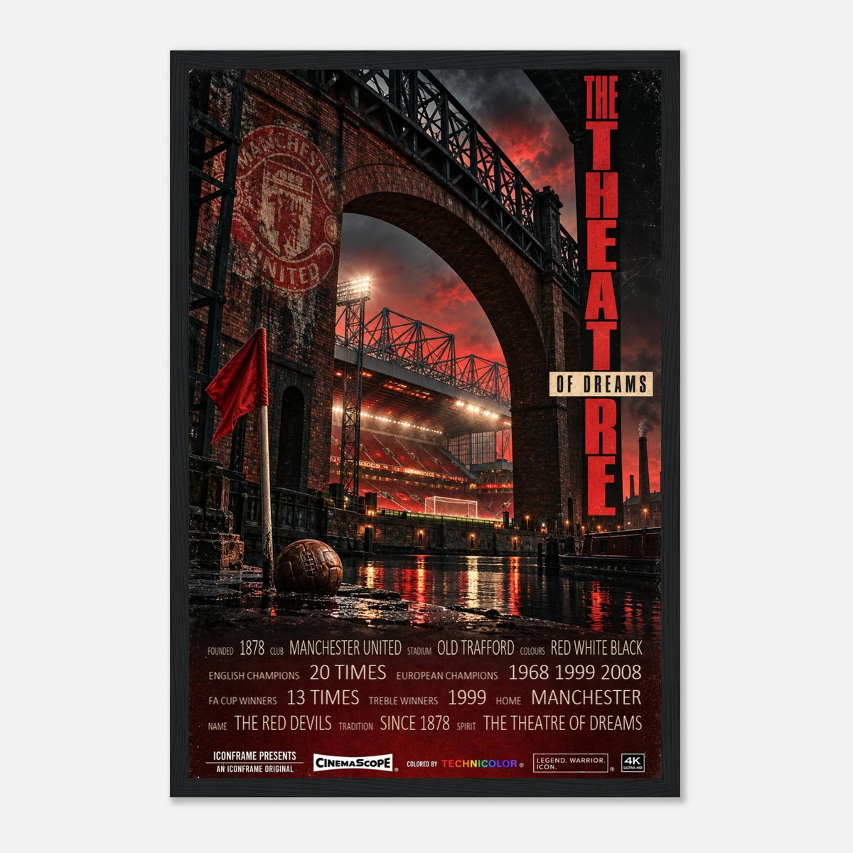 Manchester United Poster „The Theatre of Dreams“ – 30 × 45 cm, mit schwarzem Holzrahmen vor hellem Hintergrund