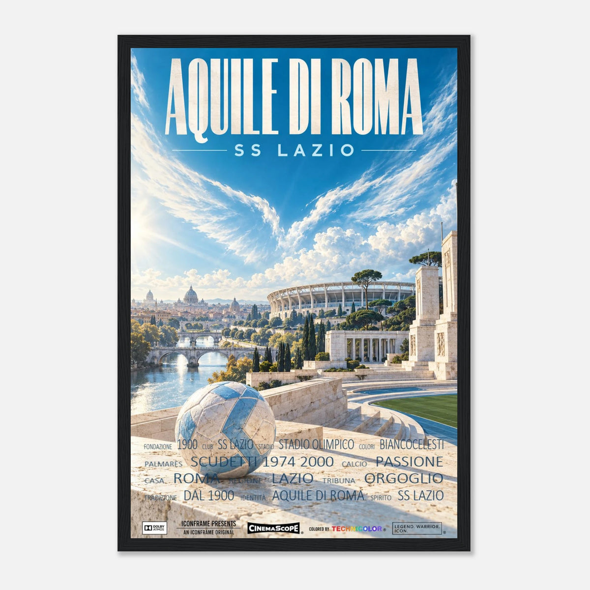 Lazio Rom Poster „Aquile di Roma“ – 30 × 45 cm, mit schwarzem Holzrahmen vor hellem Hintergrund