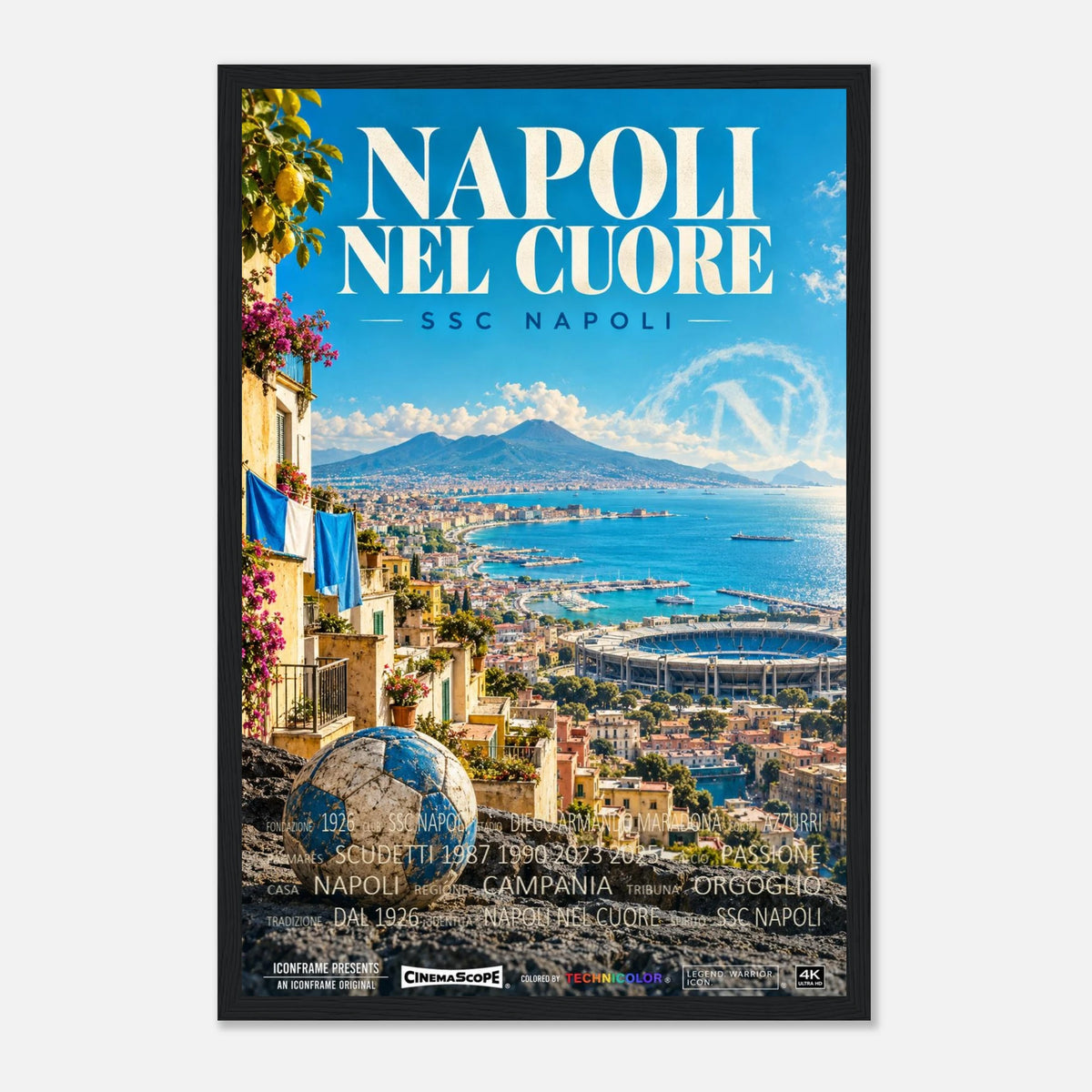 SSC Neapel Poster „Napoli nel Cuore“ – 30 × 45 cm, mit schwarzem Holzrahmen vor hellem Hintergrund