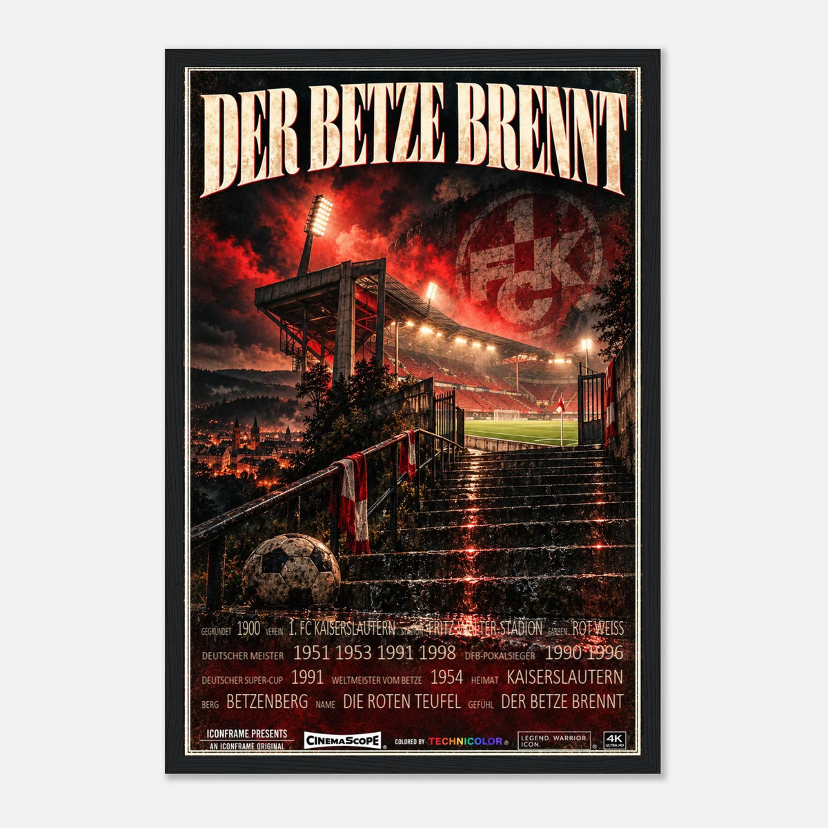 1. FC Kaiserslautern Poster „Der Betze brennt“ – 30 × 45 cm, mit schwarzem Holzrahmen vor hellem Hintergrund