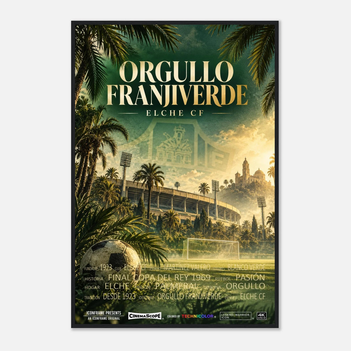 FC Elche Poster „Orgullo Franjiverde“ – 60 × 90 cm, mit schwarzem Holzrahmen vor hellem Hintergrund