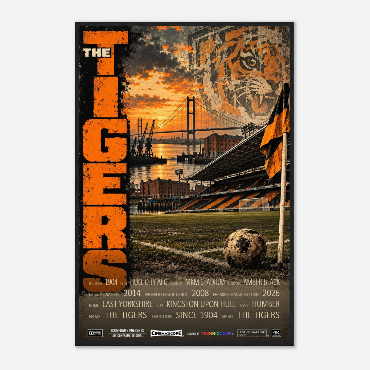 Hull City Poster „The Tigers“ – 60 × 90 cm, mit schwarzem Holzrahmen vor hellem Hintergrund