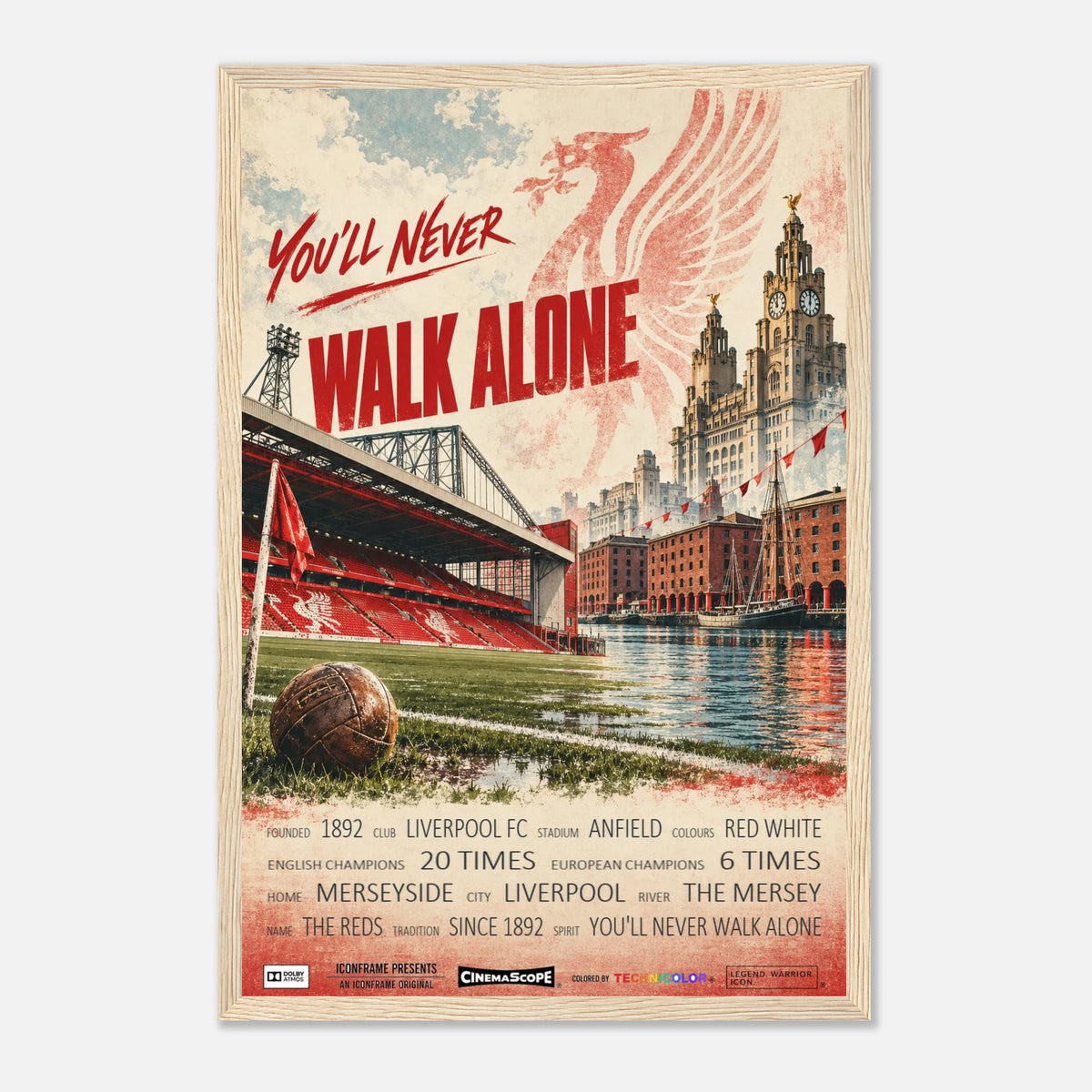 Liverpool Poster „You'll Never Walk Alone“ – 30 × 45 cm, mit naturfarbenem Holzrahmen vor hellem Hintergrund