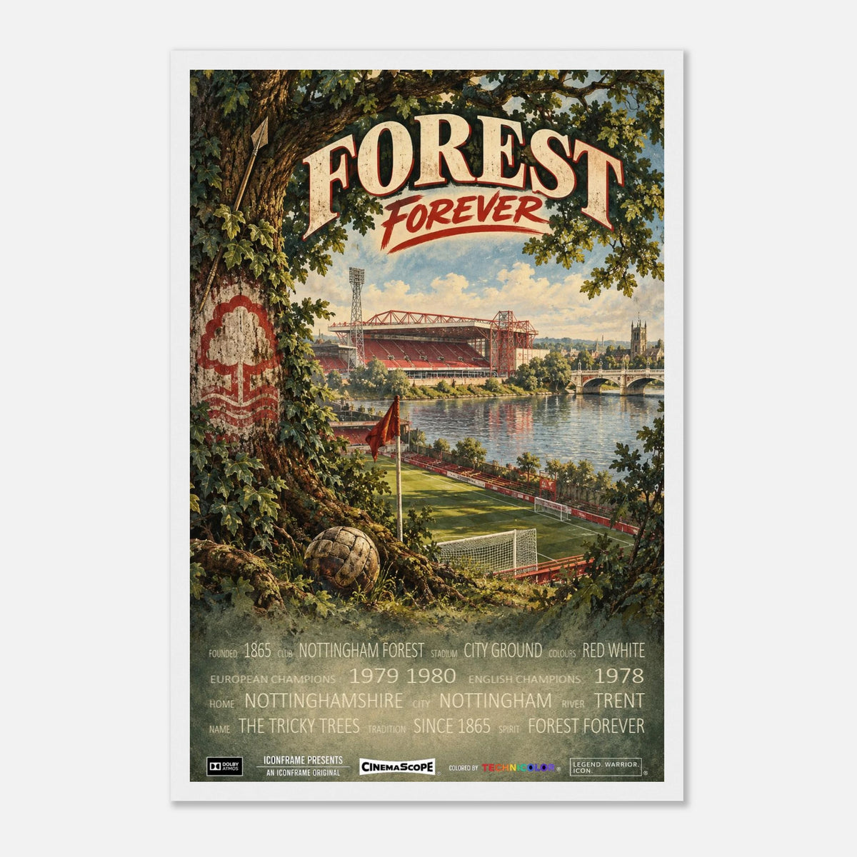 Nottingham Forest Poster „Forest Forever“ – 30 × 45 cm, mit weißem Holzrahmen vor hellem Hintergrund
