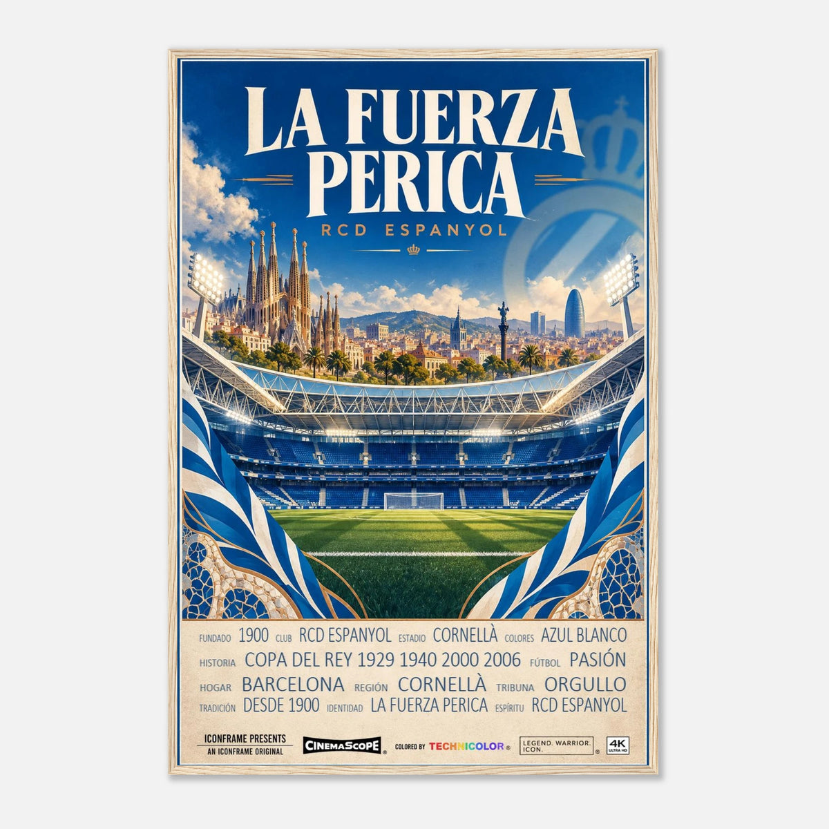 Espanyol Barcelona Poster „La Fuerza Perica“ – 60 × 90 cm, mit naturfarbenem Holzrahmen vor hellem Hintergrund