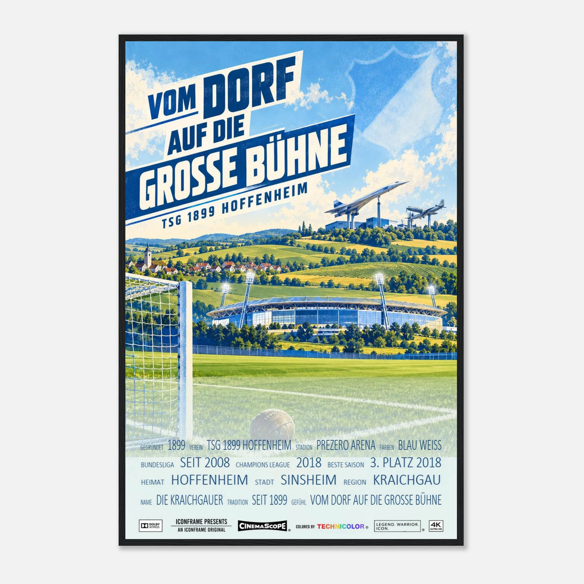 TSG Hoffenheim Poster „Vom Dorf auf die große Bühne“ – mit schwarzem Holzrahmen vor hellem Hintergrund