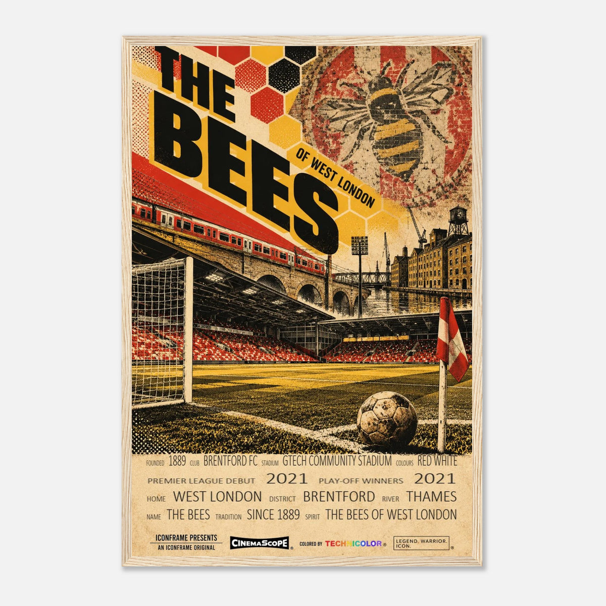 Brentford Poster „The Bees“ – 40 × 60 cm, mit naturfarbenem Holzrahmen vor hellem Hintergrund