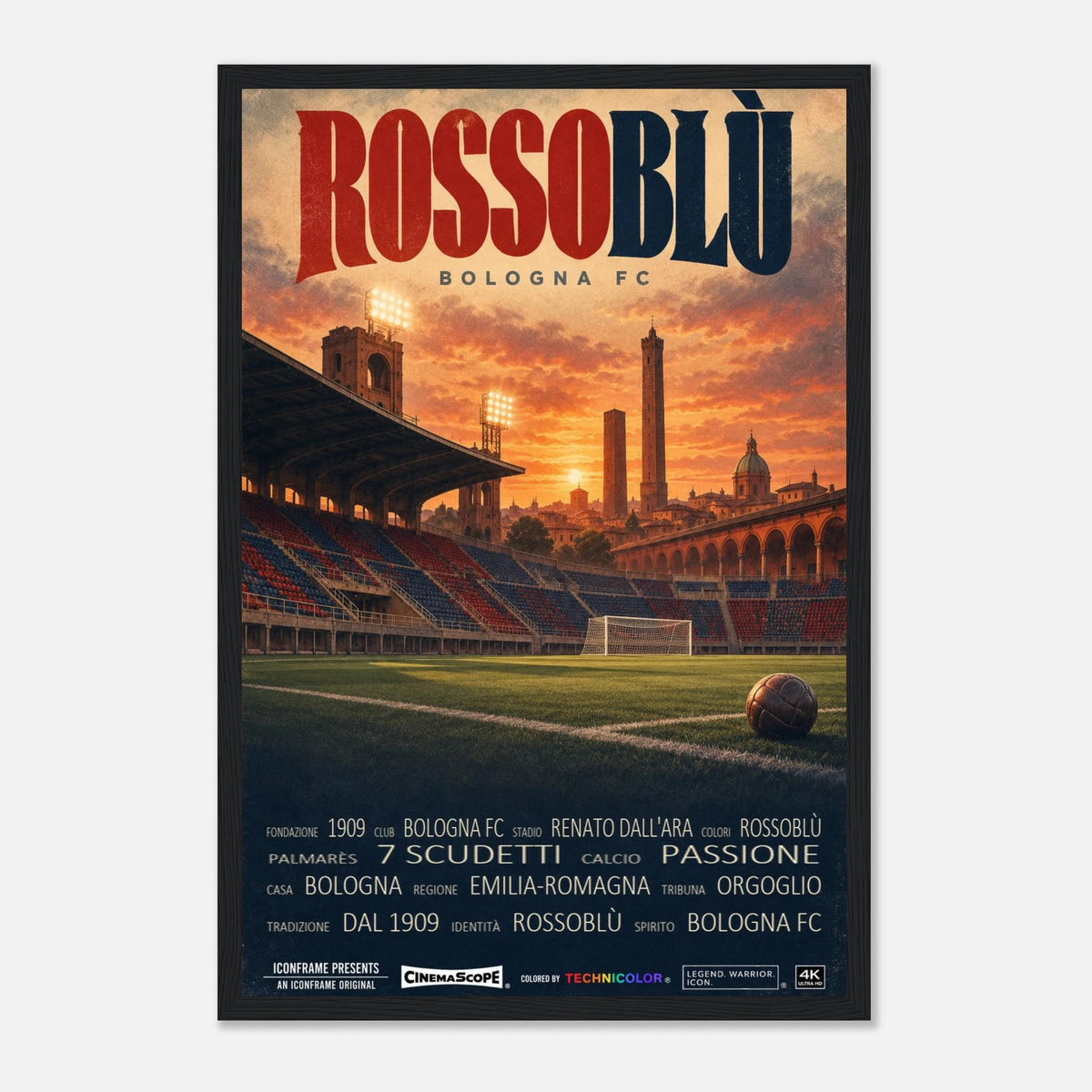 FC Bologna Poster „Rossoblù“ – 30 × 45 cm, mit schwarzem Holzrahmen vor hellem Hintergrund