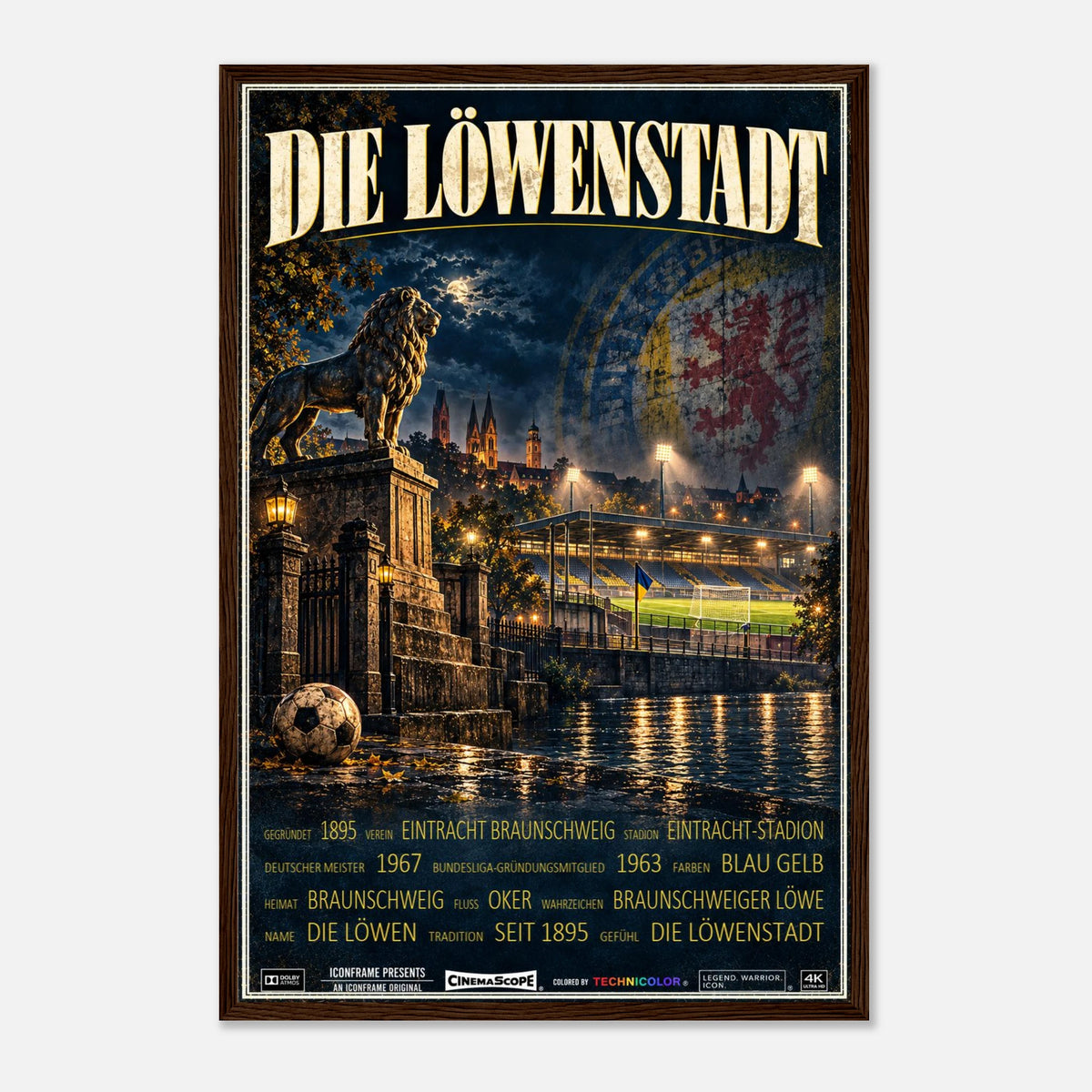 Eintracht Braunschweig Poster „Die Löwenstadt“ – 40 × 60 cm, mit dunkelbraunem Holzrahmen vor hellem Hintergrund