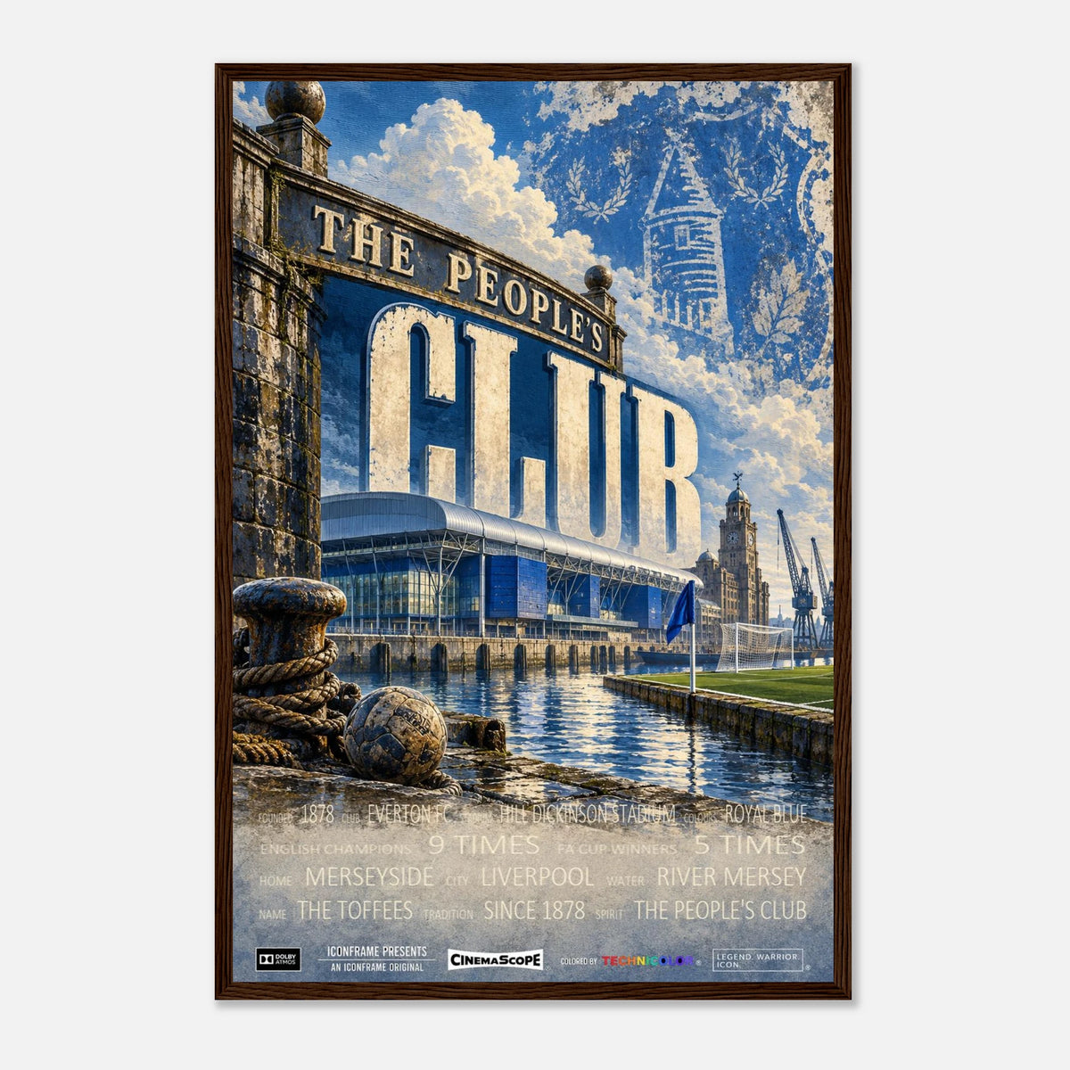 Everton Poster „The People's Club“ – 40 × 60 cm, mit dunkelbraunem Holzrahmen vor hellem Hintergrund