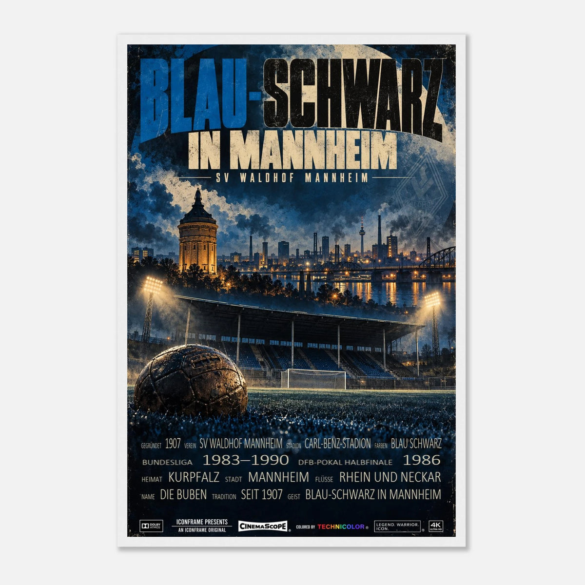 SV Waldhof Mannheim Poster „Blau-Schwarz in Mannheim“ – 40 × 60 cm, mit weißem Holzrahmen