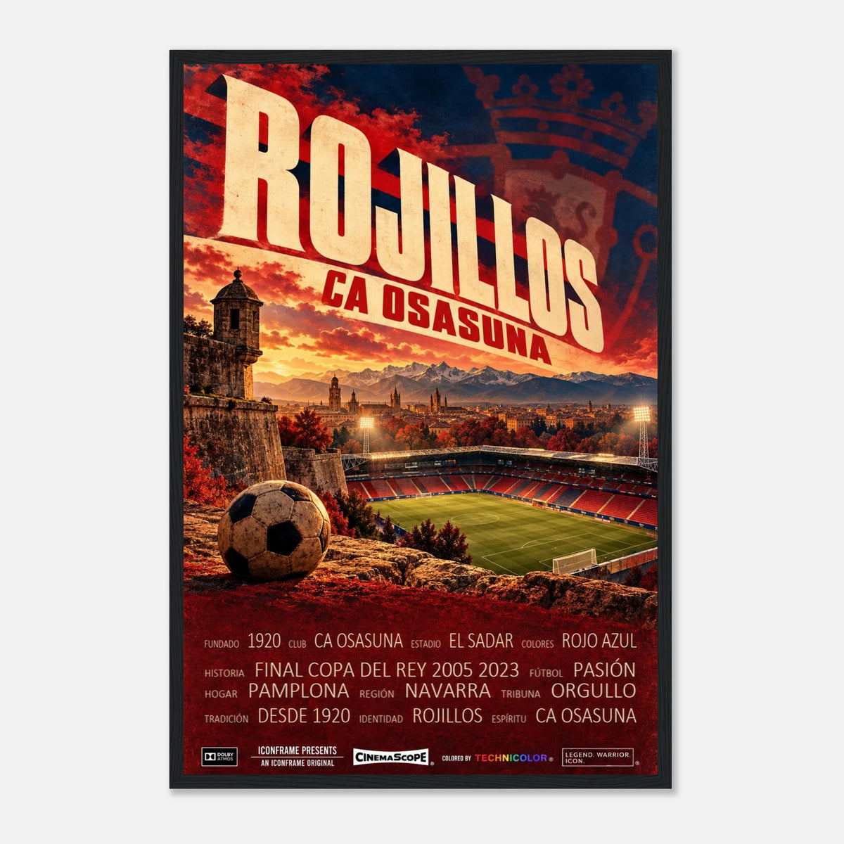 CA Osasuna Poster „Rojillos“ – 40 × 60 cm, mit schwarzem Holzrahmen vor hellem Hintergrund