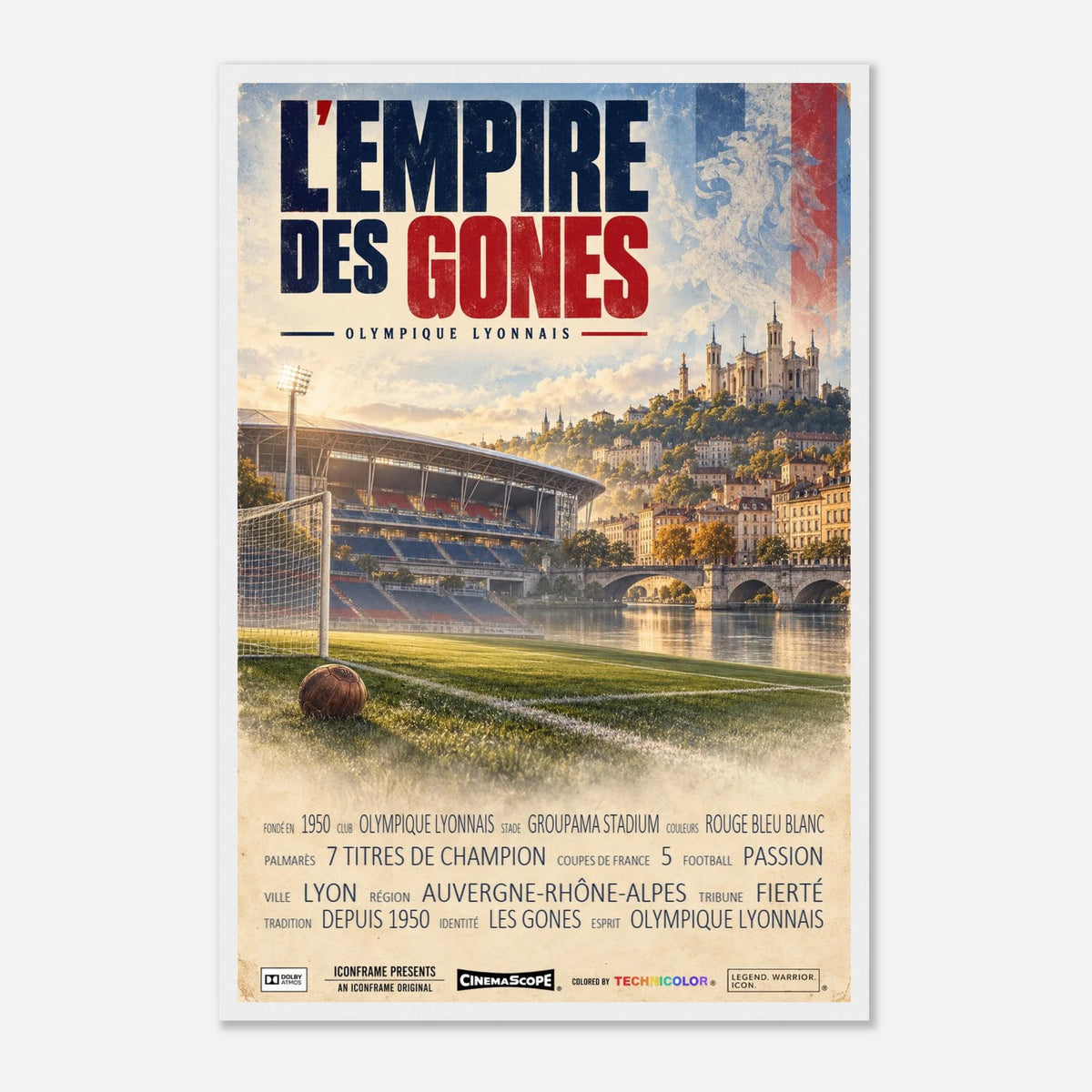 Olympique Lyon Poster „L’Empire des Gones“ – 40 × 60 cm, mit weißem Holzrahmen