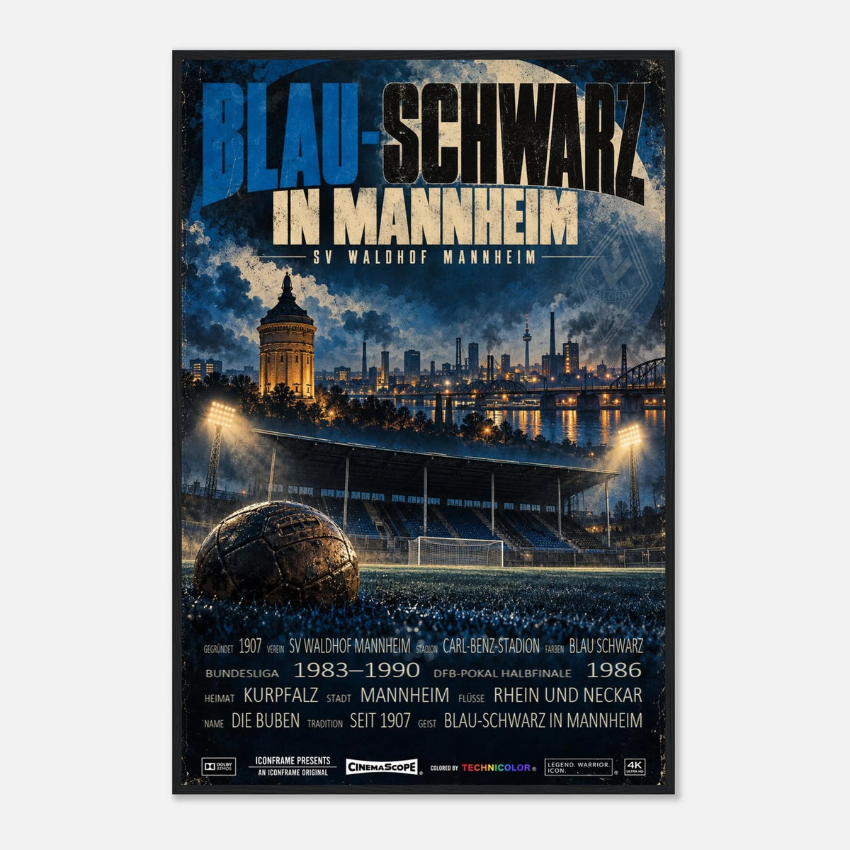 SV Waldhof Mannheim Poster „Blau-Schwarz in Mannheim“ – 60 × 90 cm, mit schwarzem Holzrahmen