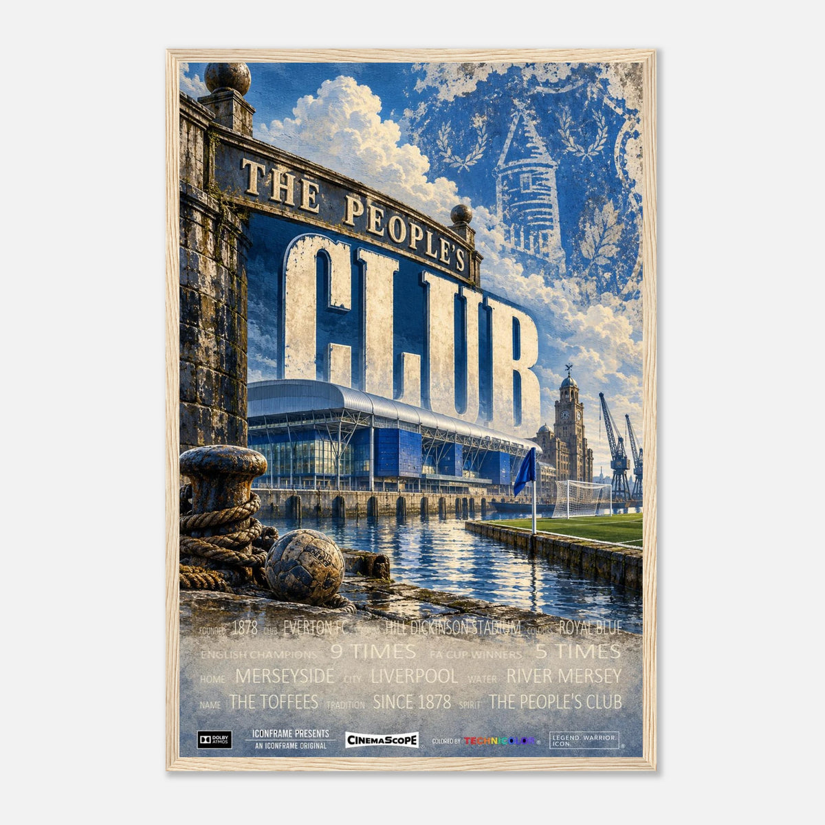 Everton Poster „The People's Club“ – 40 × 60 cm, mit naturfarbenem Holzrahmen vor hellem Hintergrund