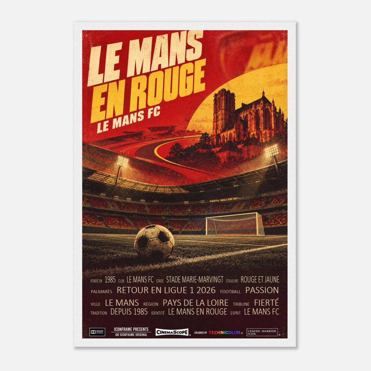 Le Mans FC Poster „Le Mans en Rouge“ – 30 × 45 cm, mit weißem Holzrahmen