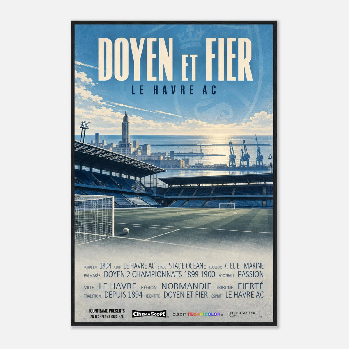 Le Havre AC Poster „Doyen et Fier“ – 60 × 90 cm, mit schwarzem Holzrahmen