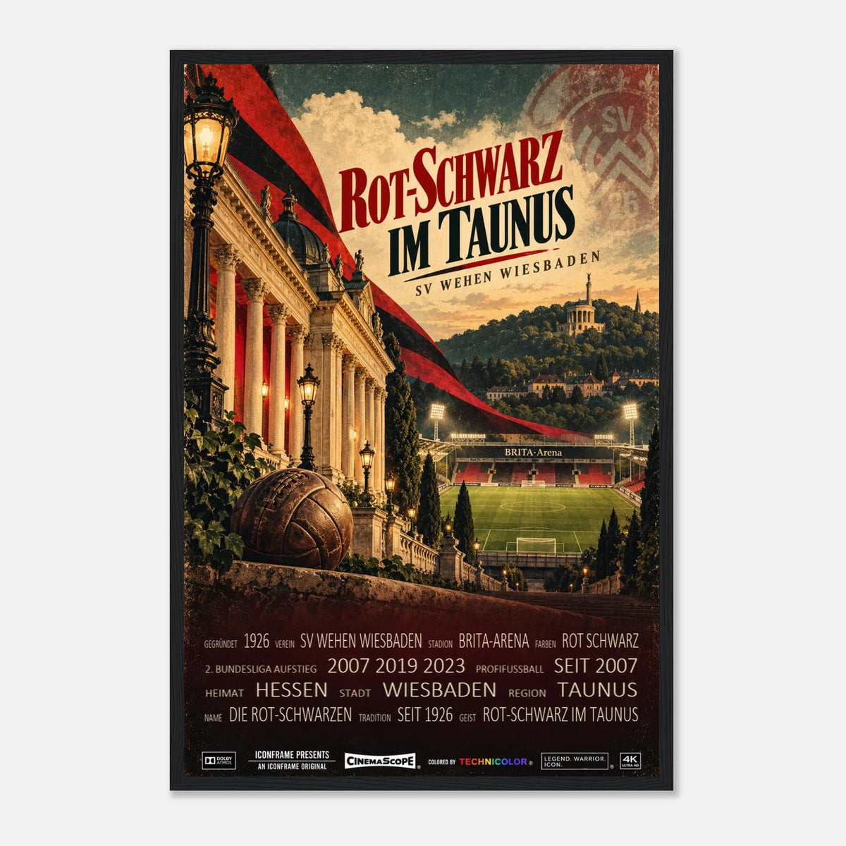 SV Wehen Wiesbaden Poster „Rot-Schwarz im Taunus“ – 40 × 60 cm, mit schwarzem Holzrahmen
