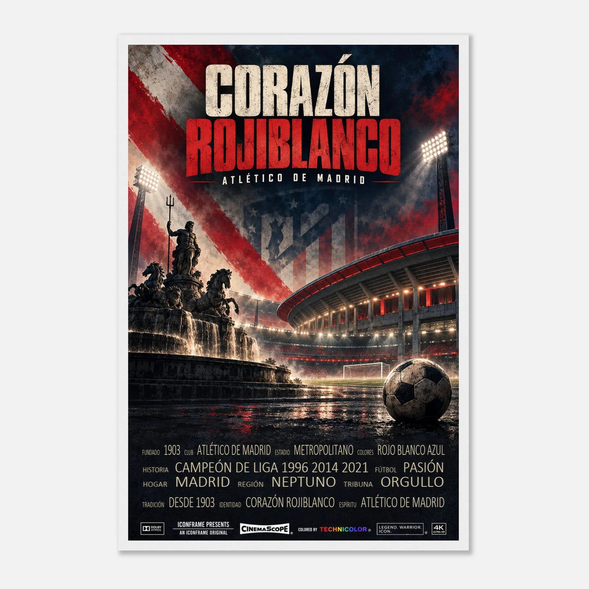 Atlético Madrid Poster „Corazón Rojiblanco“ – 40 × 60 cm, mit weißem Holzrahmen vor hellem Hintergrund