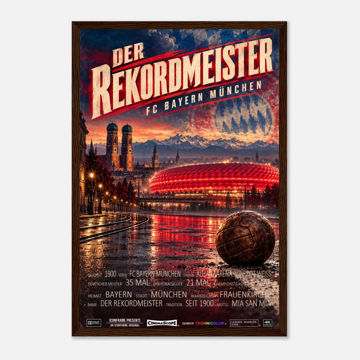 Bayern München Poster „Der Rekordmeister“ – 30 × 45 cm, mit dunkelbraunem Holzrahmen