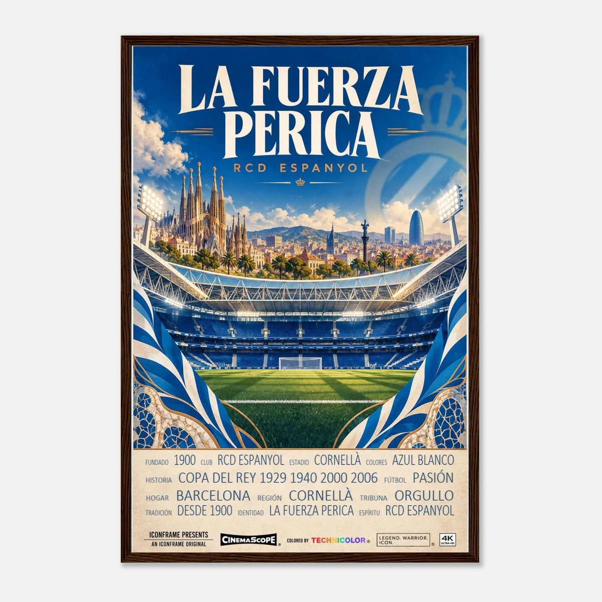 Espanyol Barcelona Poster „La Fuerza Perica“ – 40 × 60 cm, mit dunkelbraunem Holzrahmen vor hellem Hintergrund