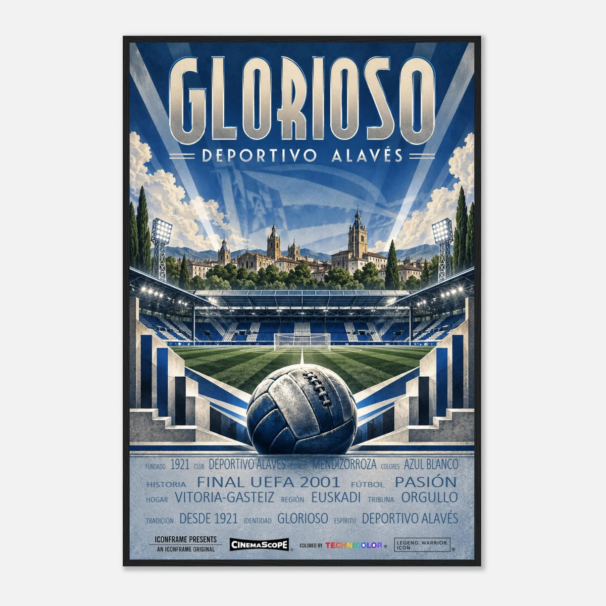 Deportivo Alavés Poster „Glorioso“ – 60 × 90 cm, mit schwarzem Holzrahmen vor hellem Hintergrund