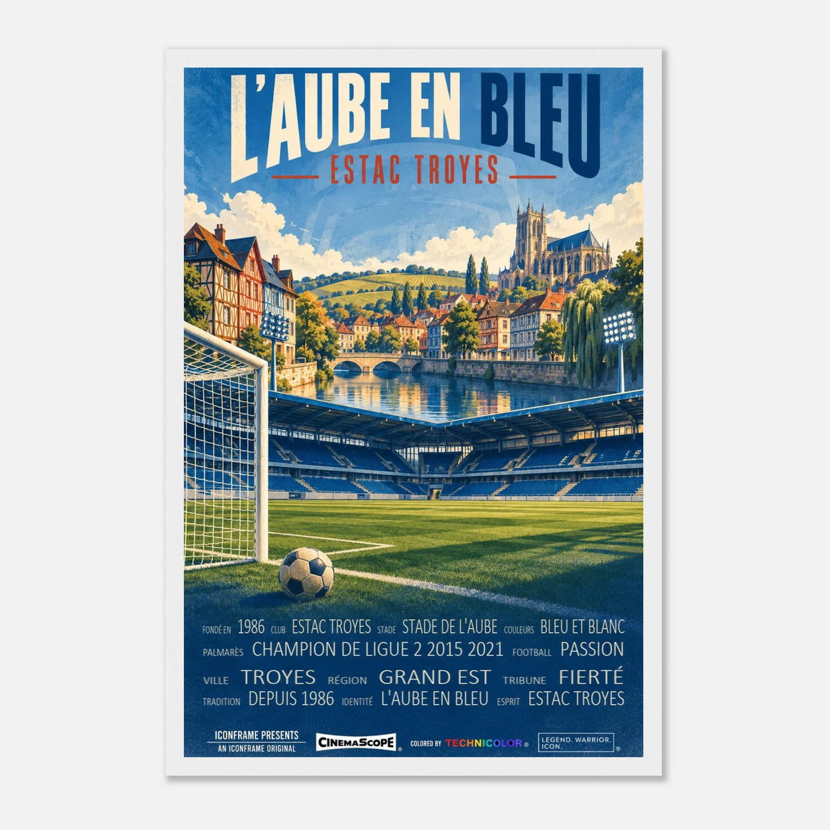 ES Troyes AC Poster „L’Aube en Bleu“ – 30 × 45 cm, mit weißem Holzrahmen