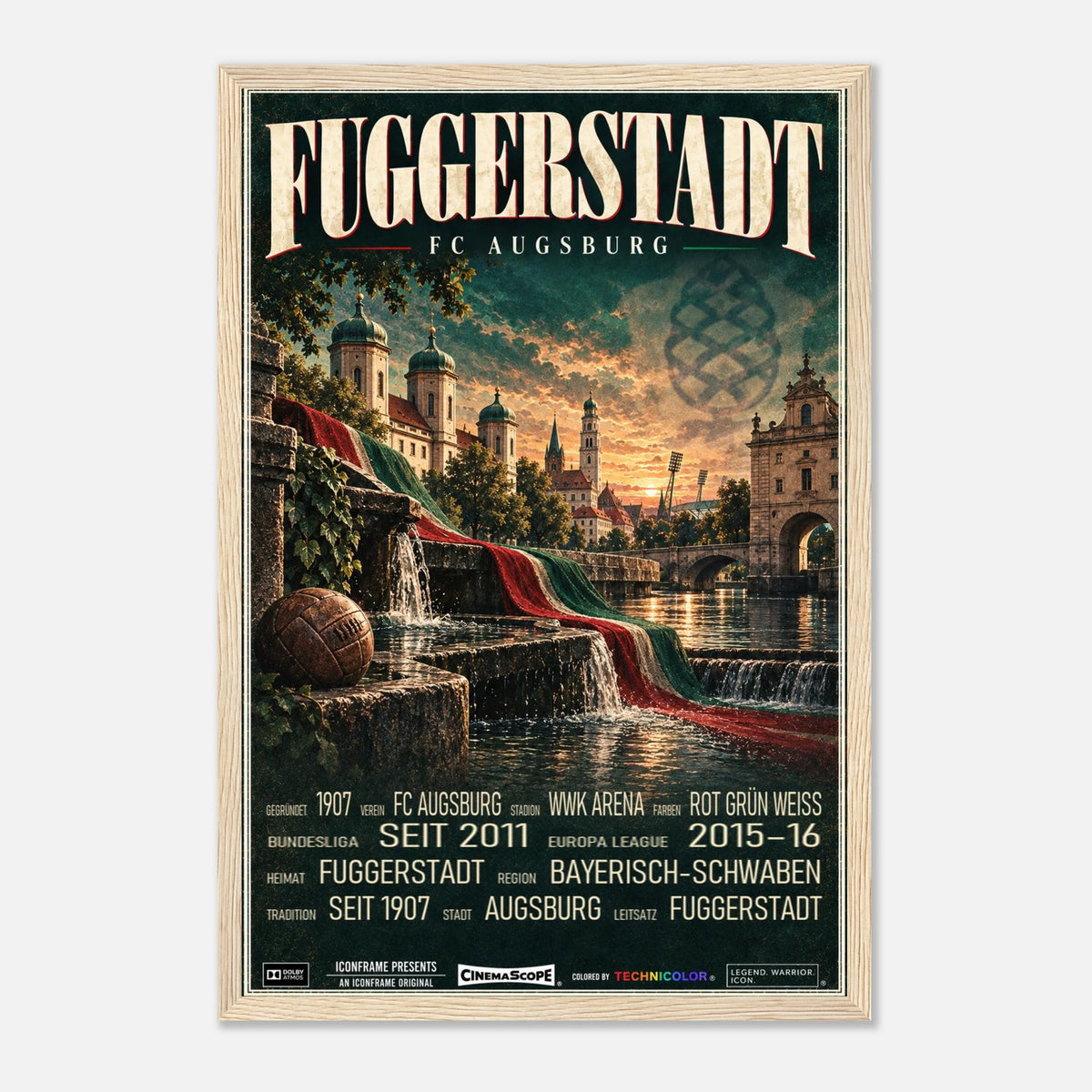FC Augsburg Poster „Fuggerstadt“ – 30 × 45 cm, mit naturfarbenem Holzrahmen vor hellem Hintergrund
