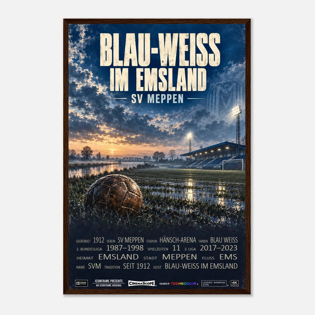 SV Meppen Poster „Blau-Weiss im Emsland“ – 40 × 60 cm, mit dunkelbraunem Holzrahmen