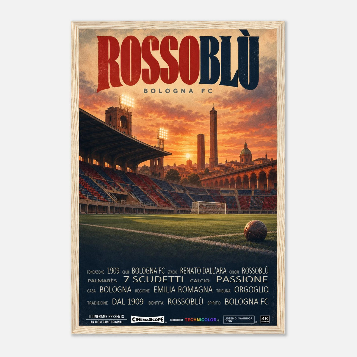FC Bologna Poster „Rossoblù“ – 30 × 45 cm, mit naturfarbenem Holzrahmen vor hellem Hintergrund