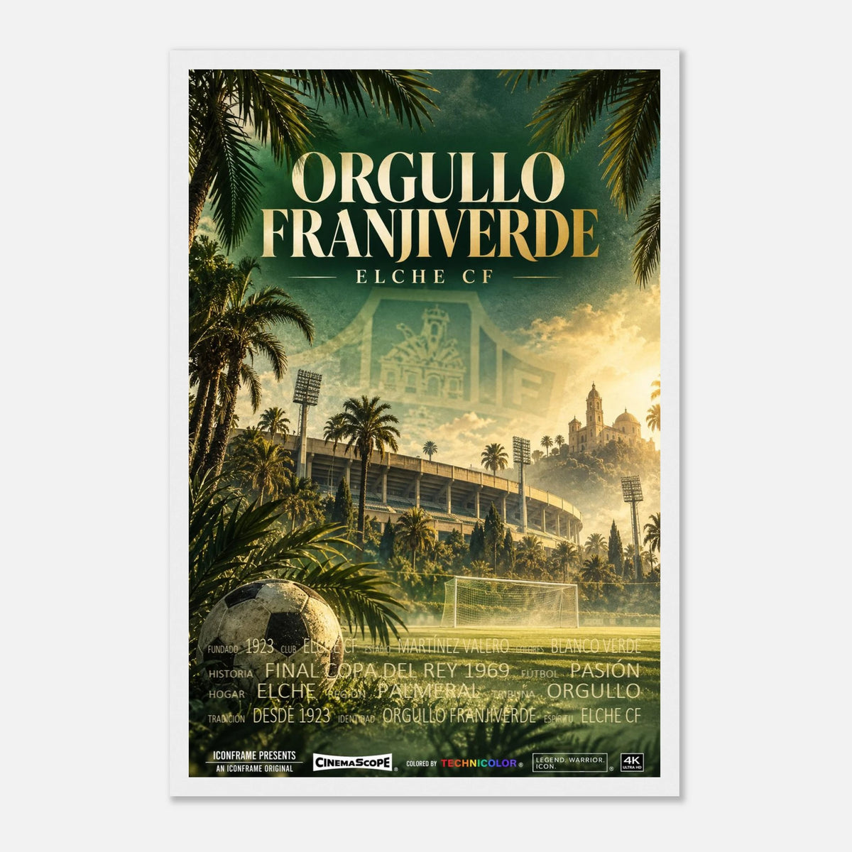 FC Elche Poster „Orgullo Franjiverde“ – 30 × 45 cm, mit weißem Holzrahmen vor hellem Hintergrund
