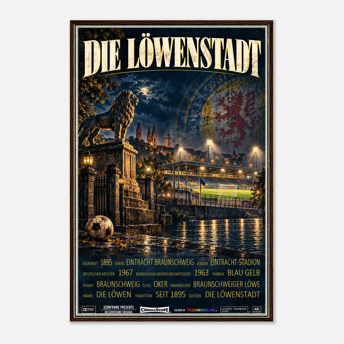 Eintracht Braunschweig Poster „Die Löwenstadt“ – 60 × 90 cm, mit dunkelbraunem Holzrahmen vor hellem Hintergrund