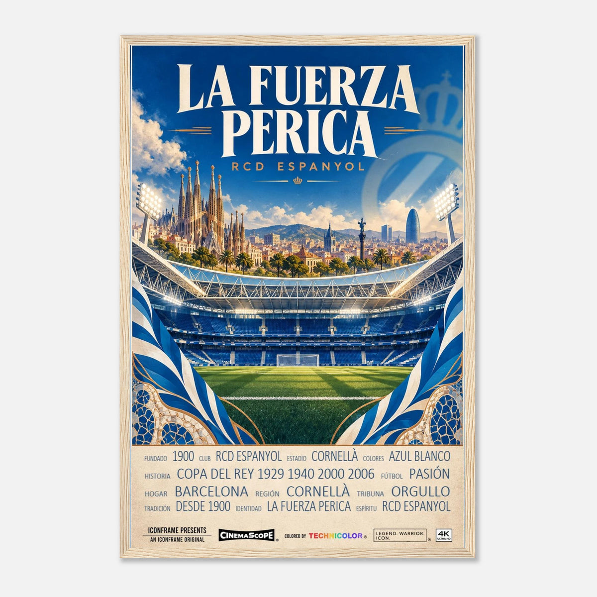 Espanyol Barcelona Poster „La Fuerza Perica“ – 40 × 60 cm, mit naturfarbenem Holzrahmen vor hellem Hintergrund
