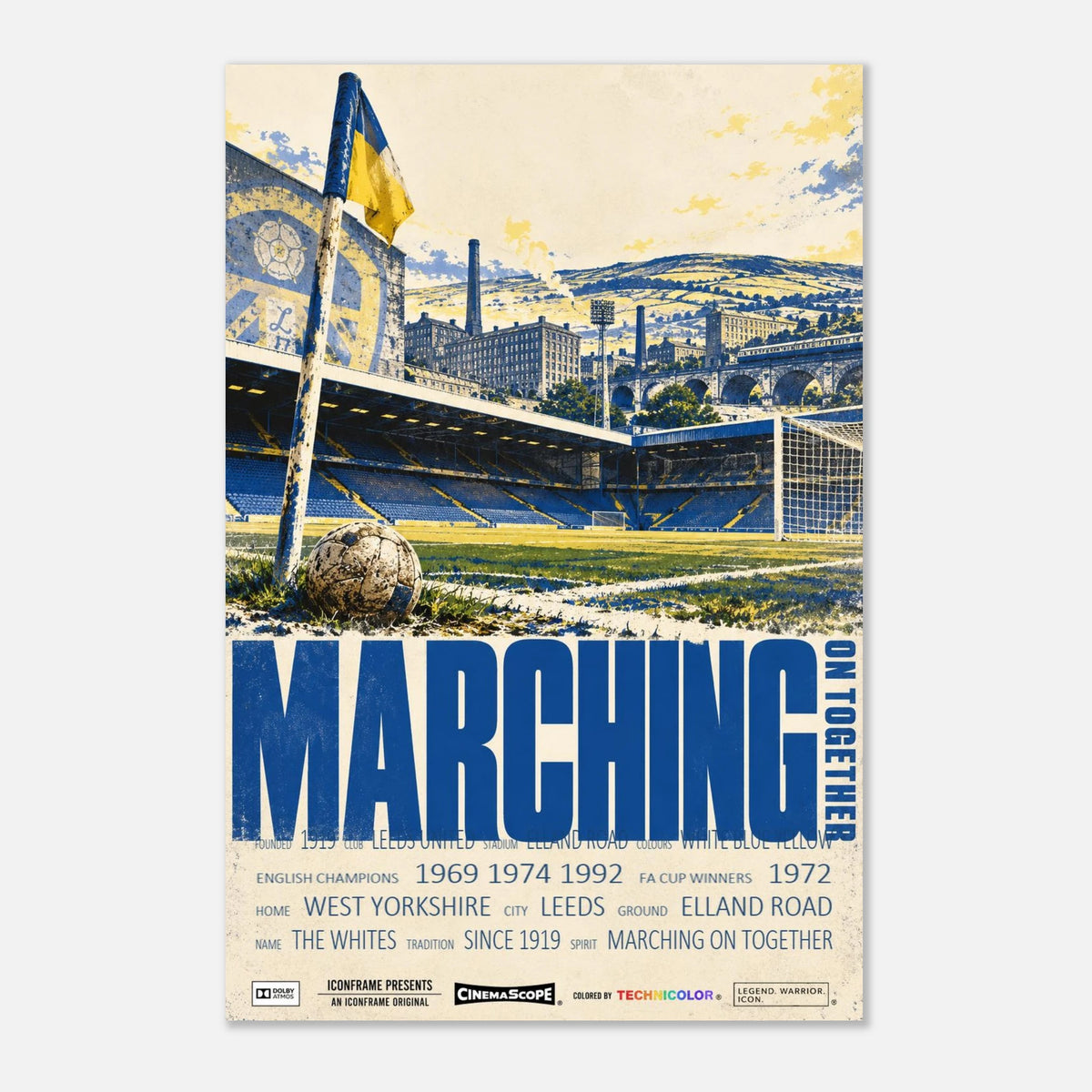 Leeds United Poster „Marching on Together“ – 60 × 90 cm, ohne Rahmen vor hellem Hintergrund