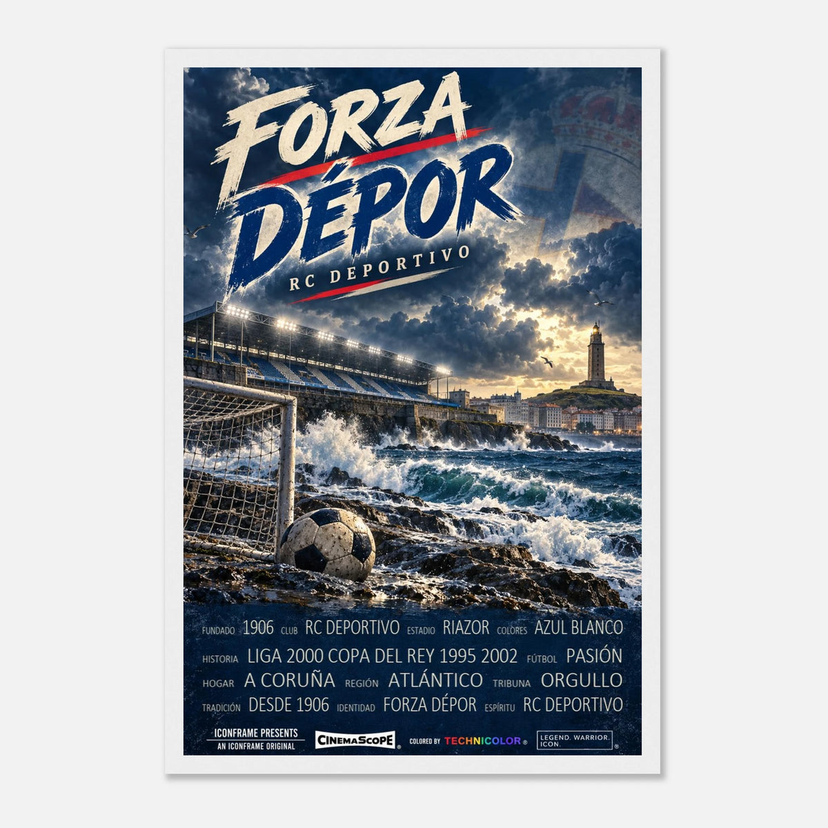 Deportivo A Coruña Poster „Forza Dépor“ – 30 × 45 cm, mit weißem Holzrahmen vor hellem Hintergrund